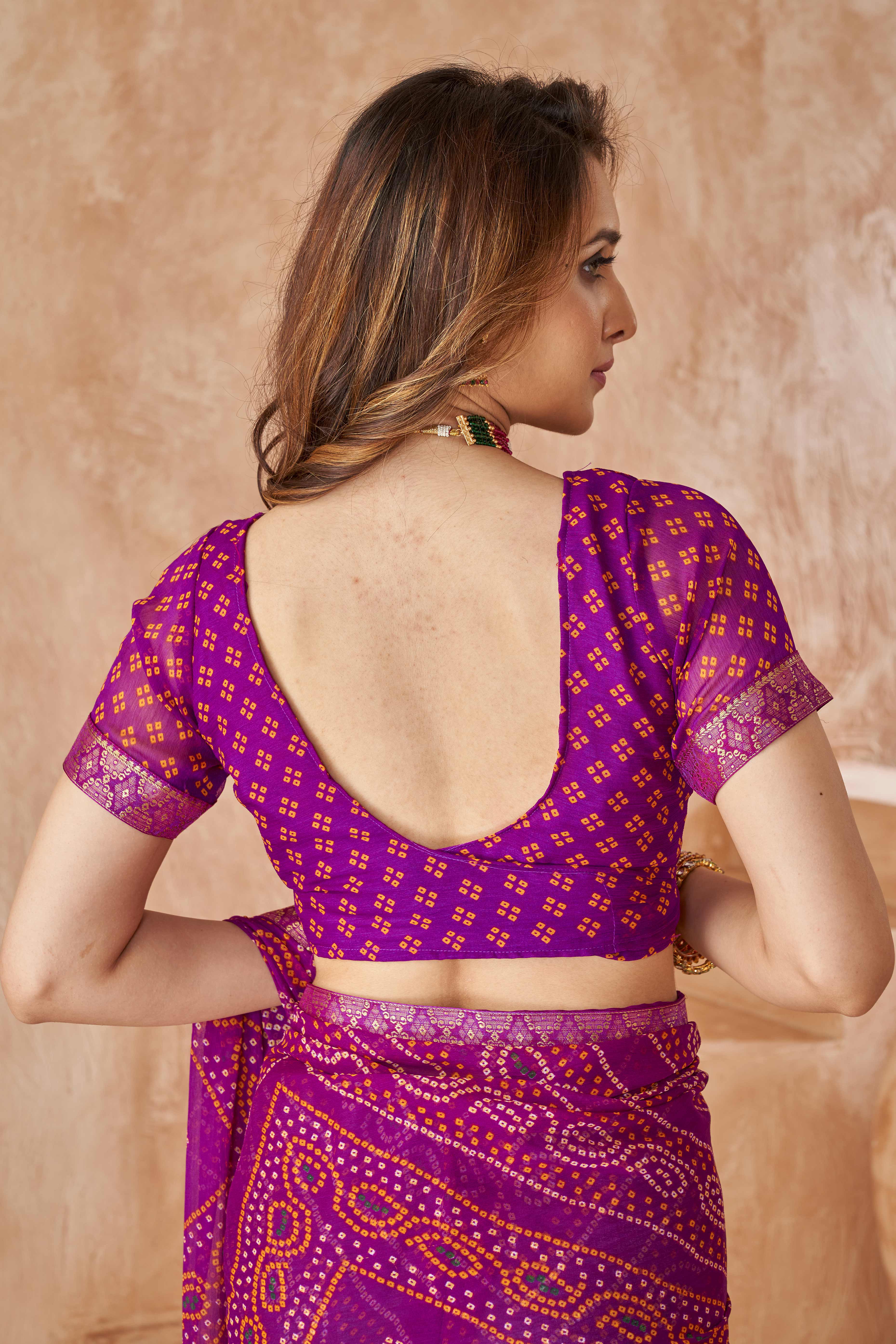 Purple Chiffon Saree Featuring Traditional Bandhani Prints & A Graceful Lace Edge