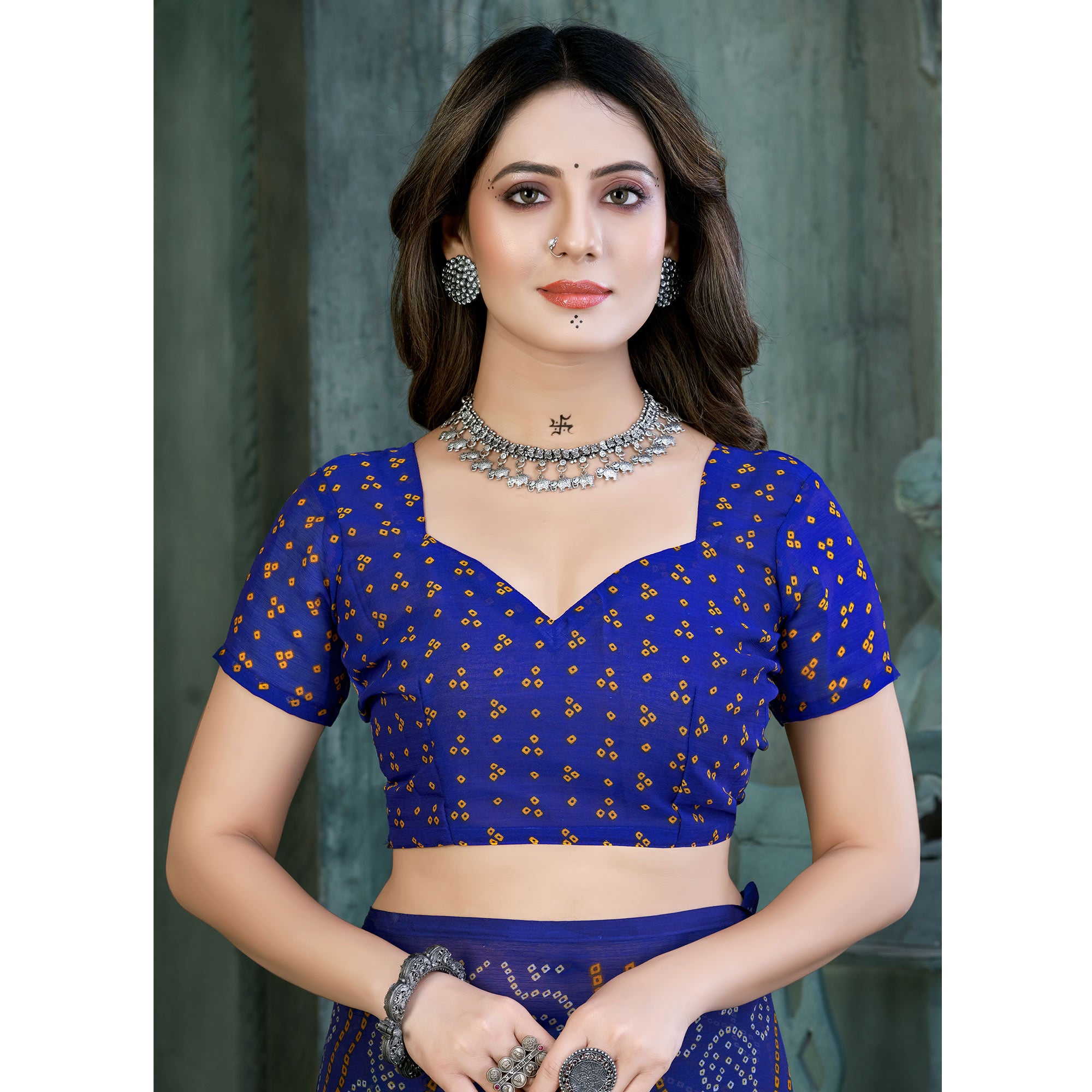 Blue & Teal Bandhani Printed Chiffon Saree