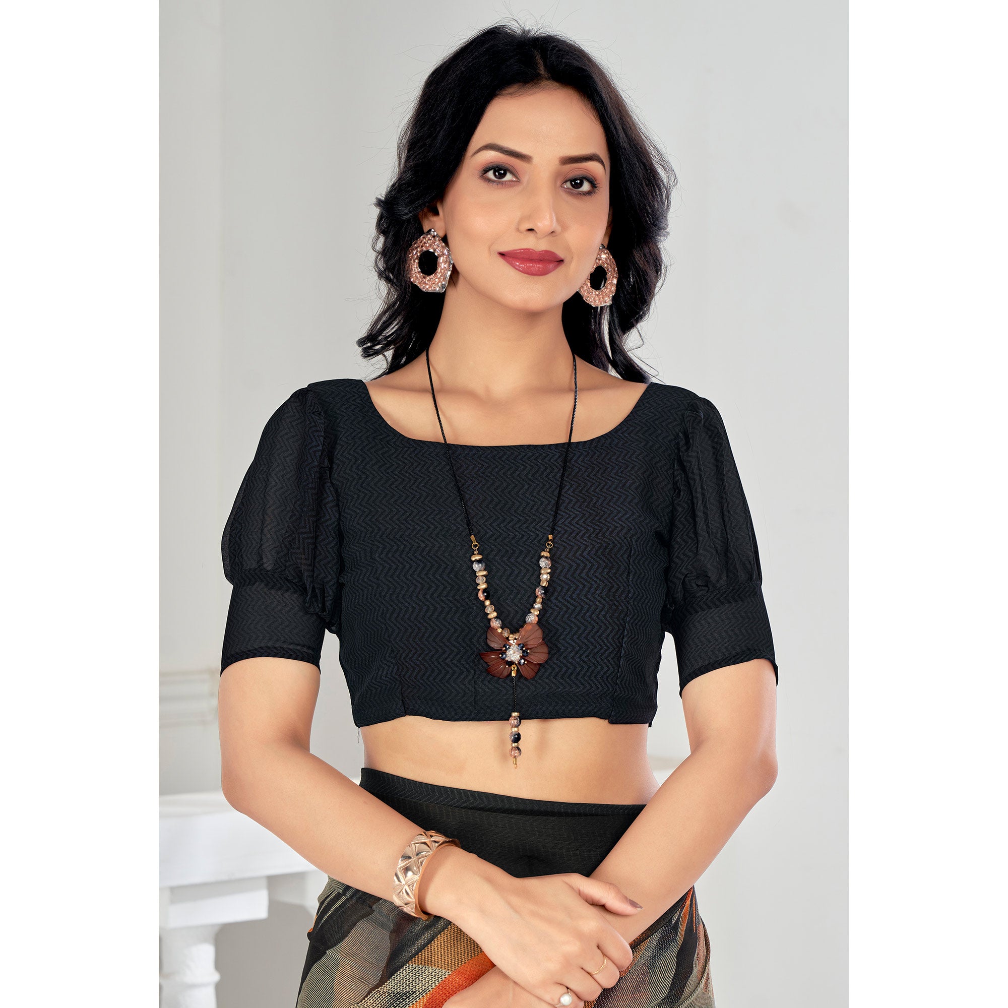 Black & Orange Printed Chiffon Saree