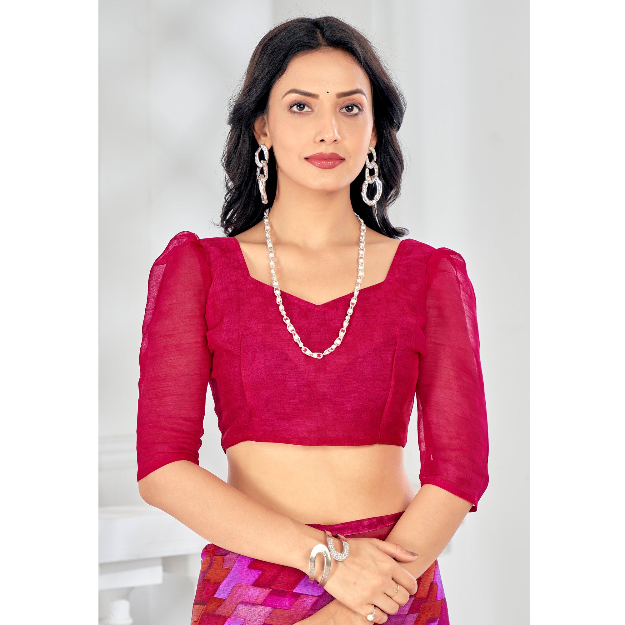 Rani pink Printed Chiffon Saree