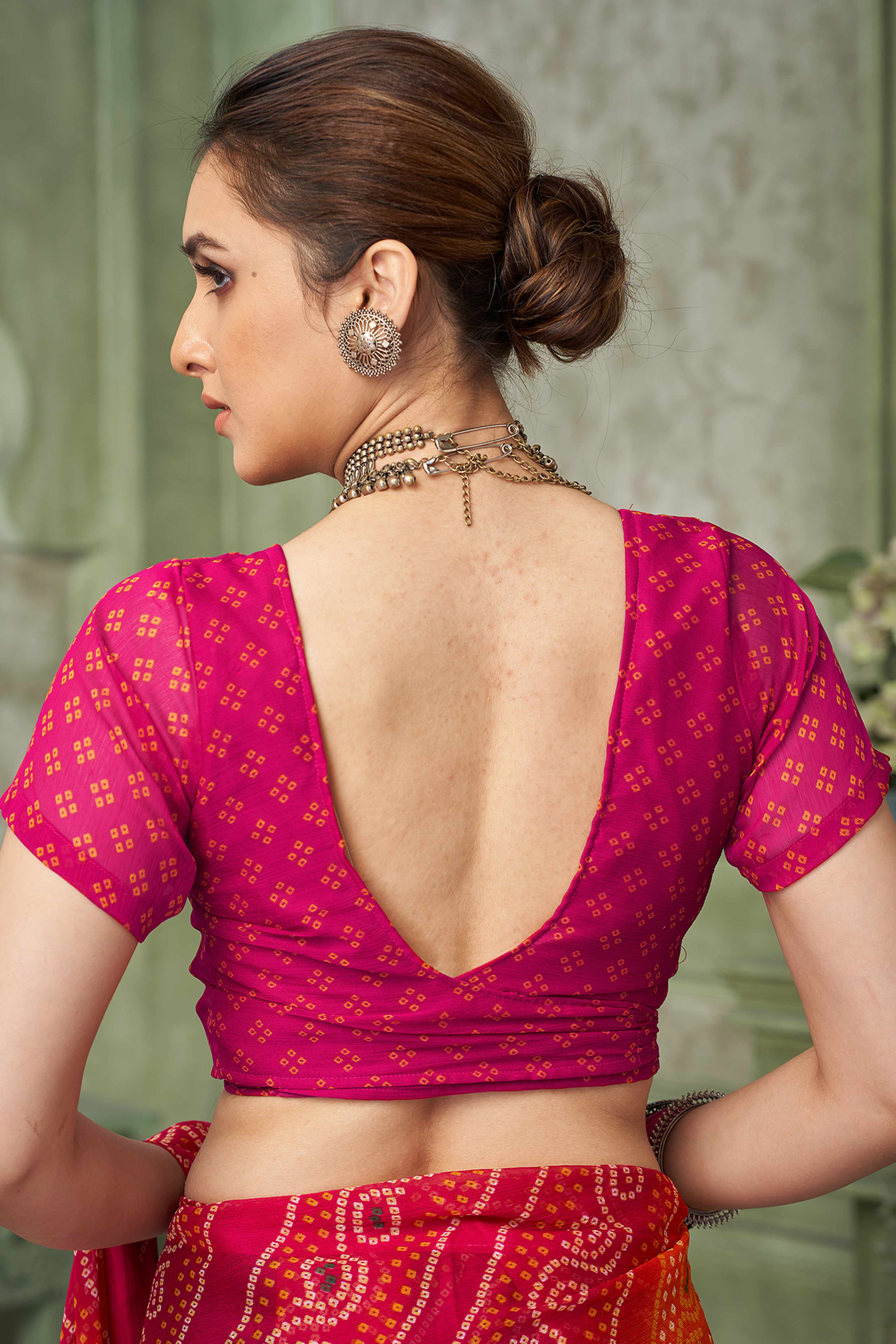 Magenta Chiffon Saree Adorned With Traditional Bandhani Print