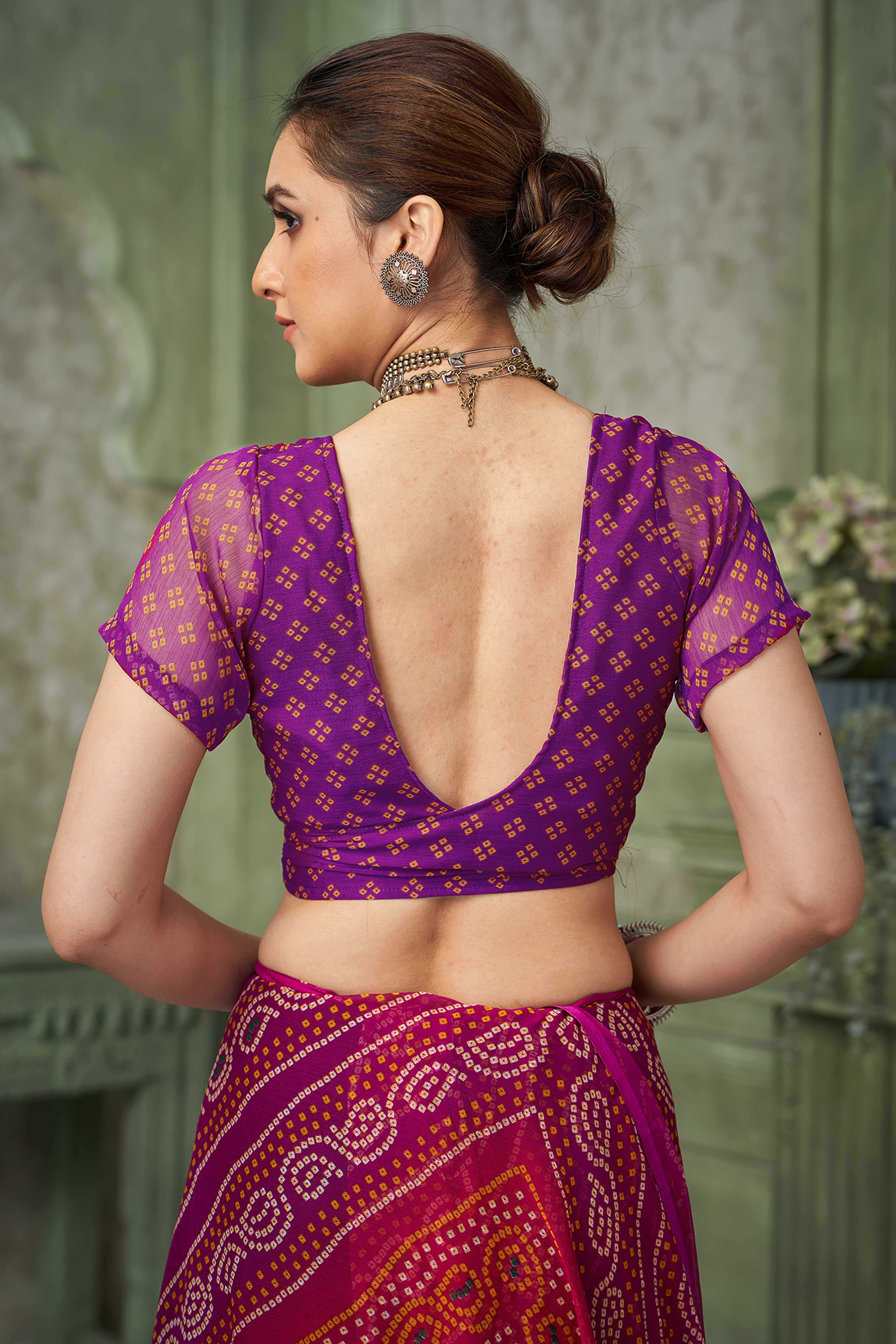 Purple Chiffon Saree Adorned With Traditional Bandhani Print