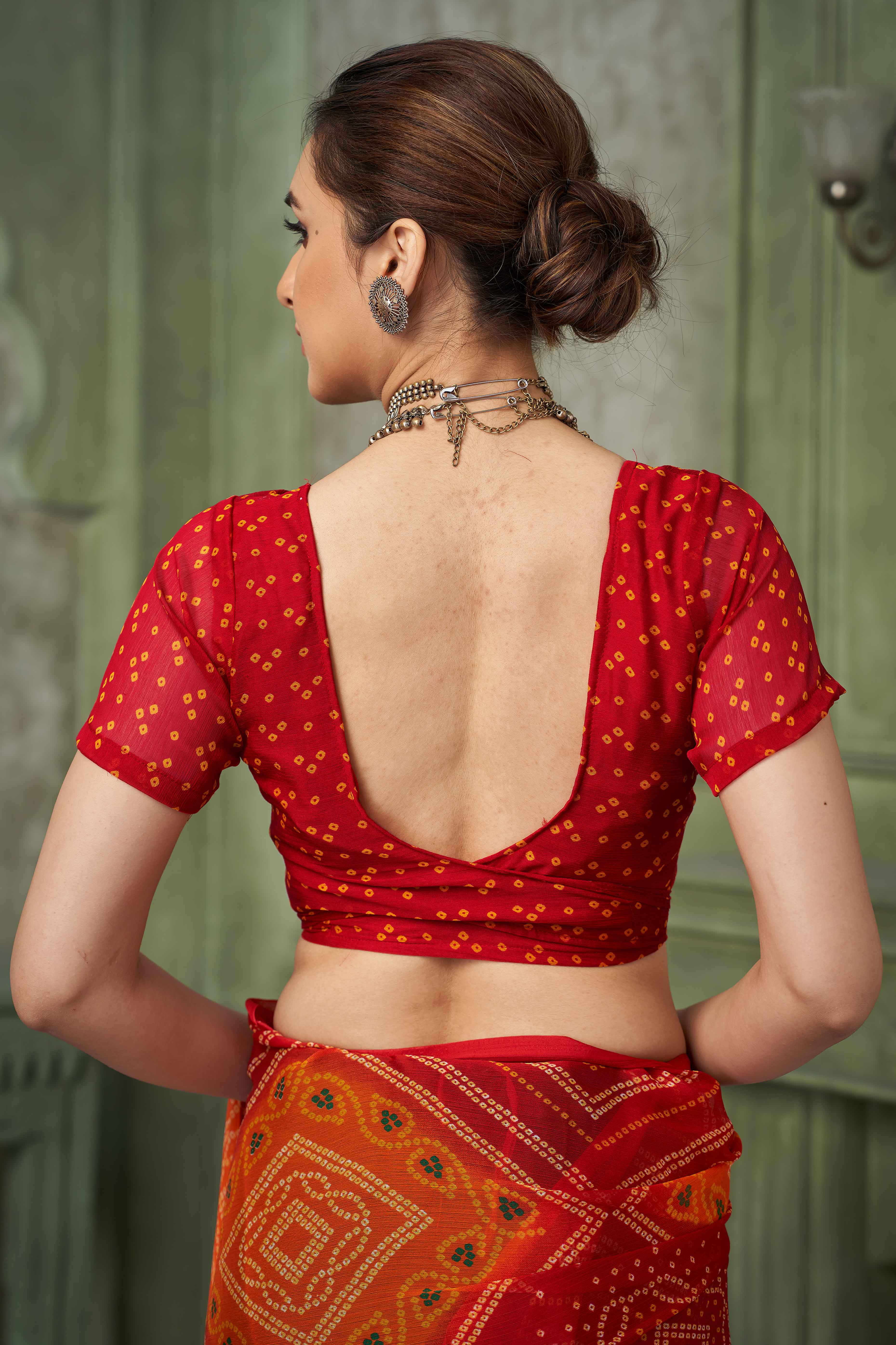 Red Chiffon Saree Adorned With Traditional Bandhani Print
