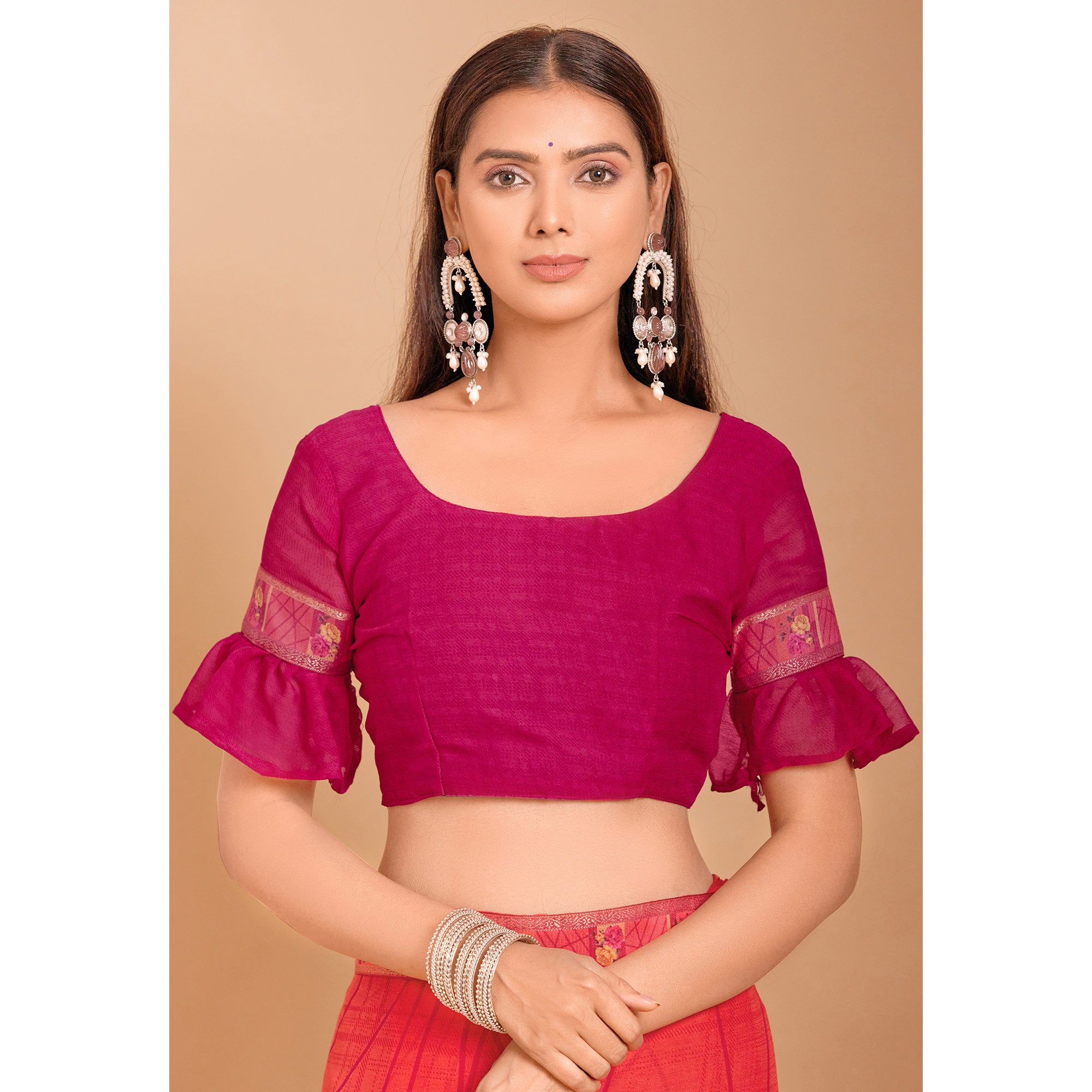 Peach Geometric Printed Chiffon Saree