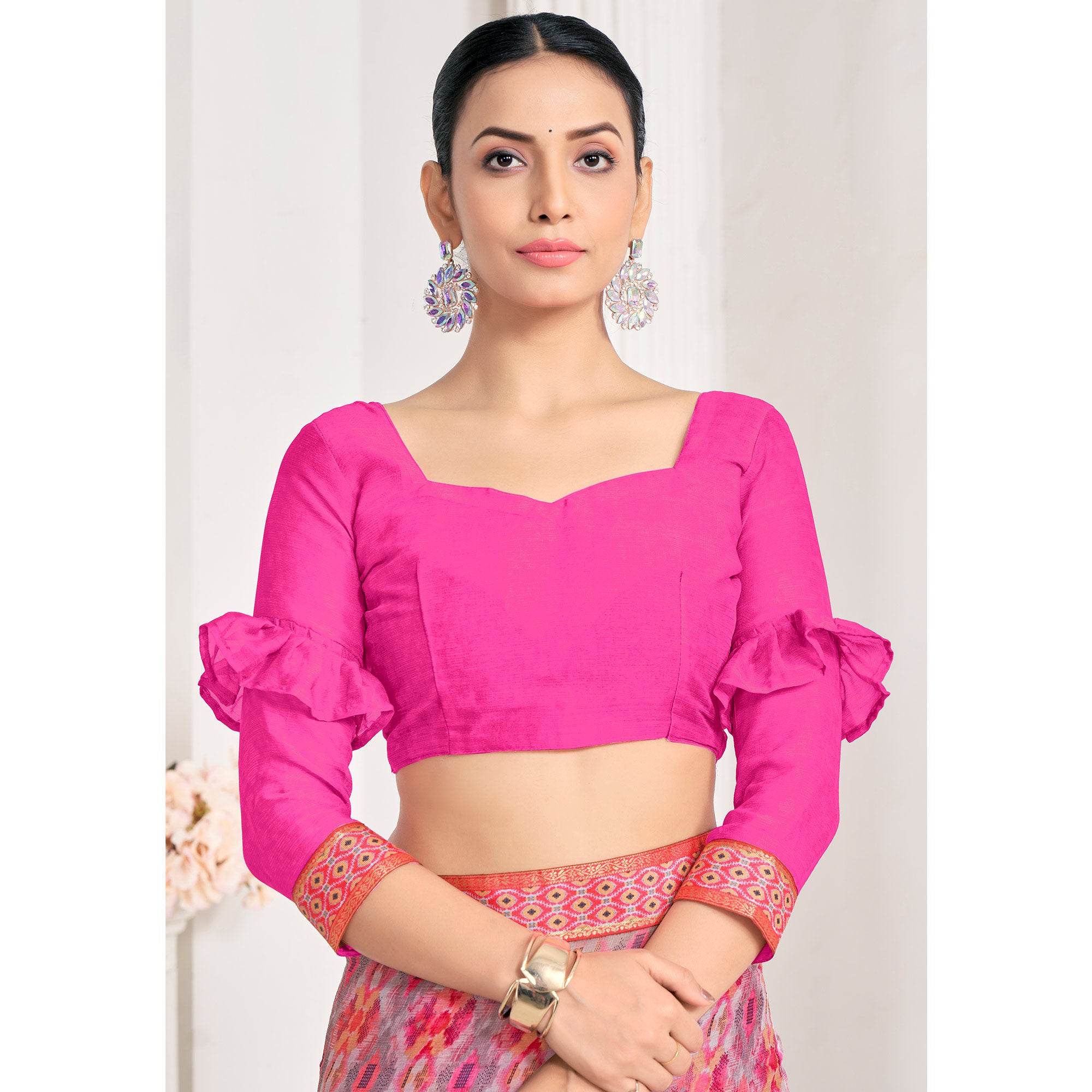 Pink Printed Chiffon Saree With Lace Border