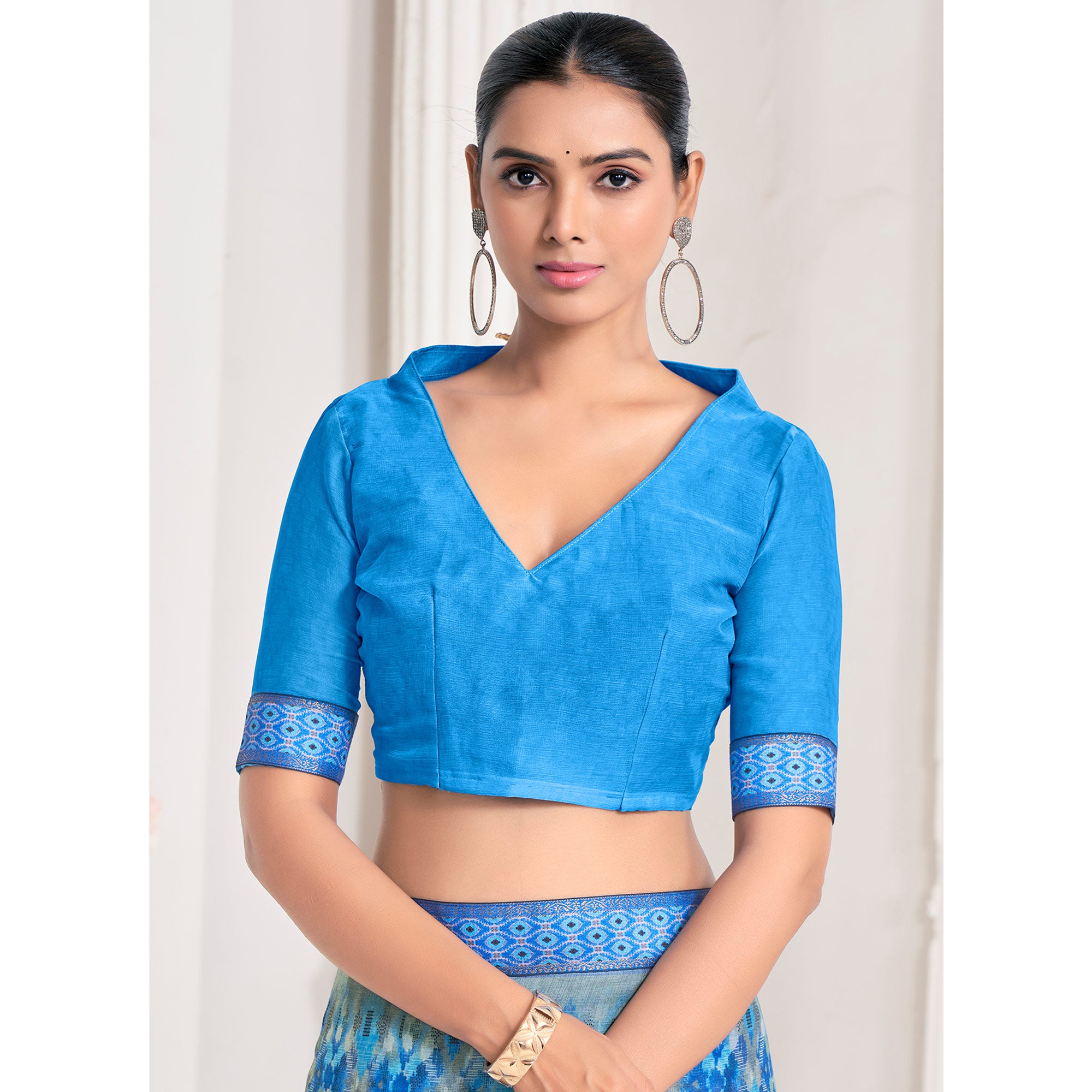 Blue Printed Chiffon Saree With Lace Border