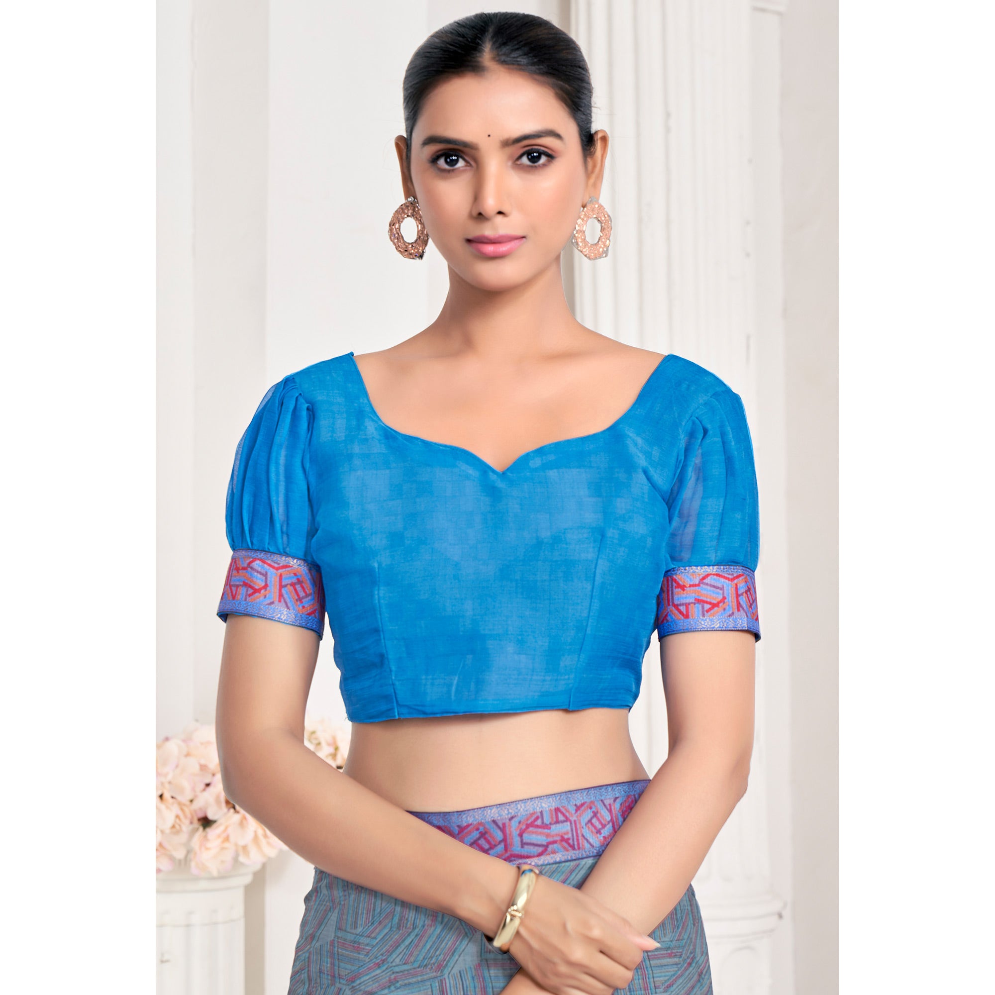 Bluish Grey Geometric Printed Chiffon Saree With Lace Border