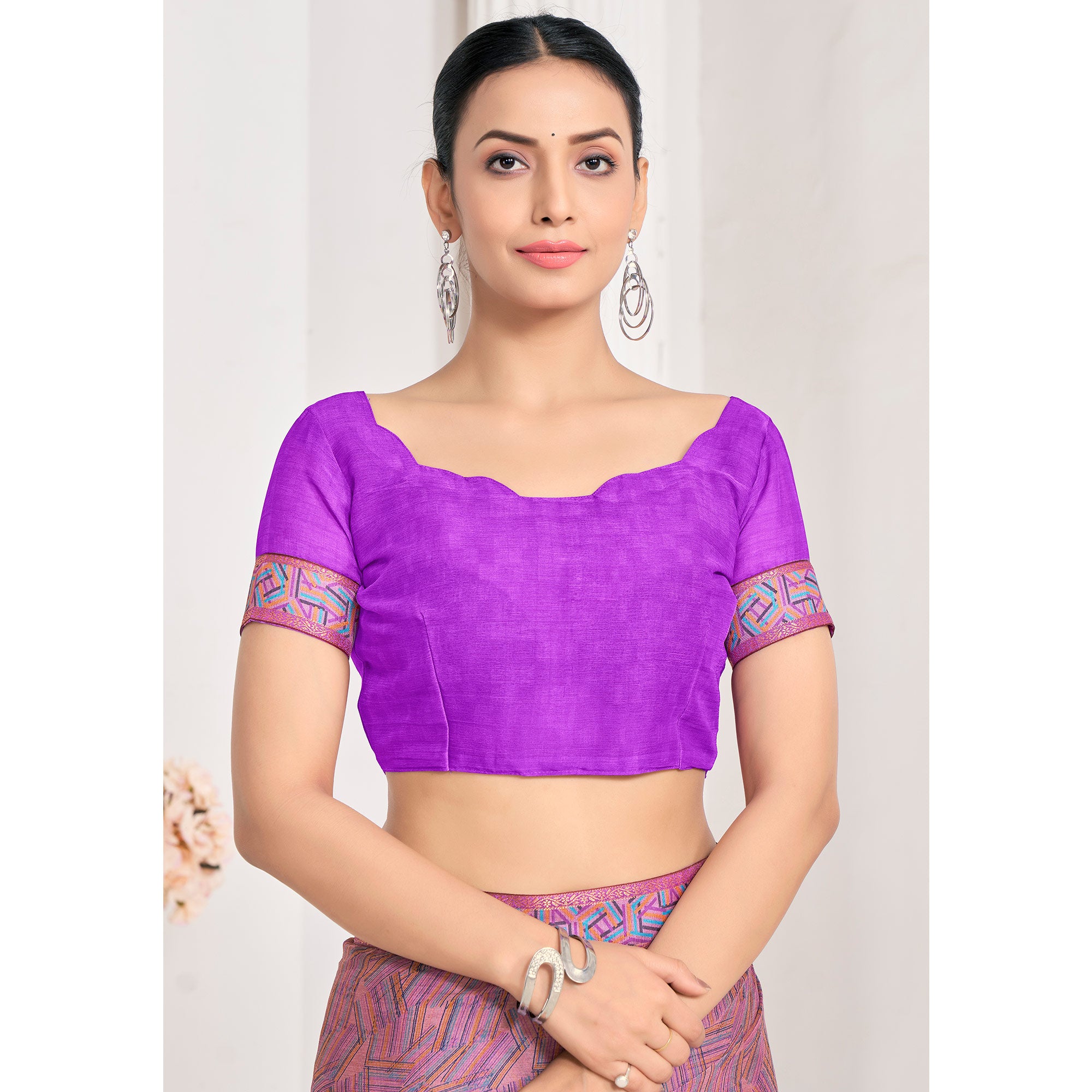 Purple Geometric Printed Chiffon Saree With Lace Border