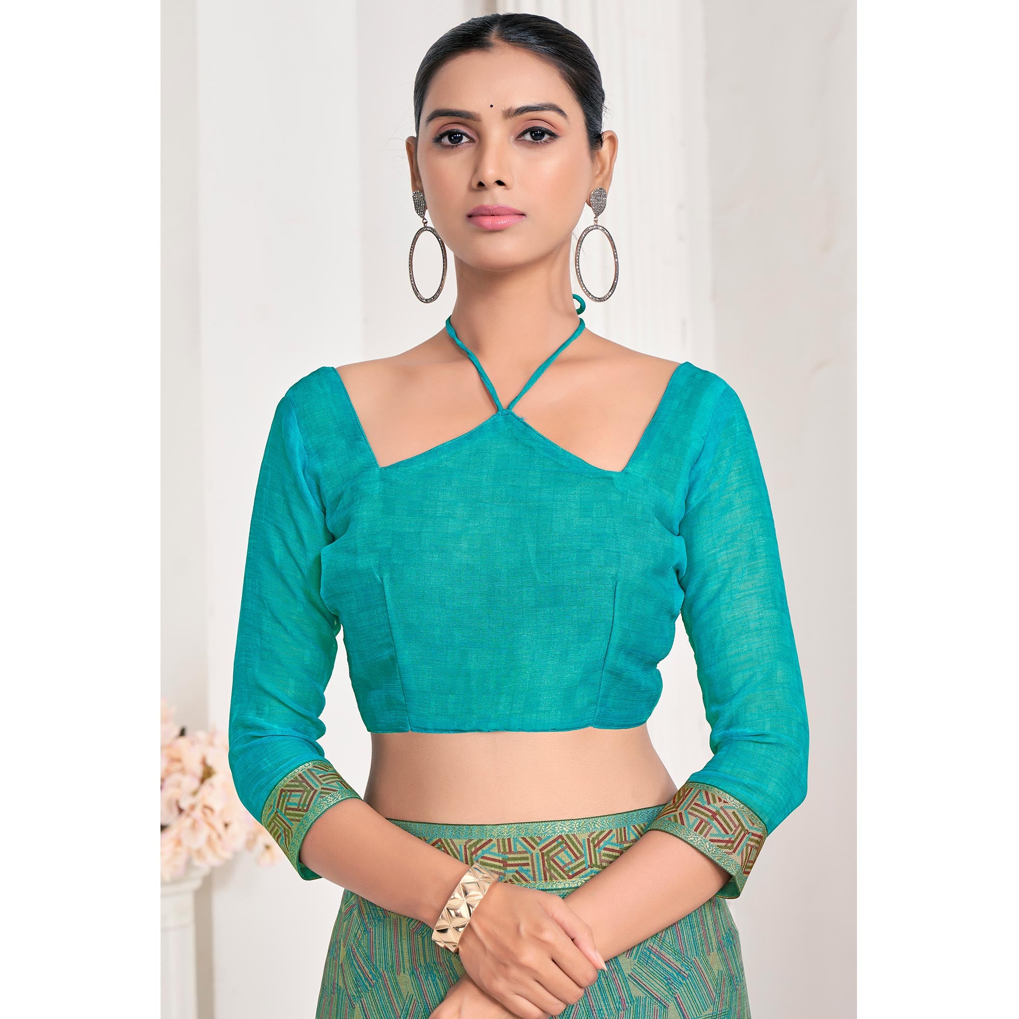 Green Geometric Printed Chiffon Saree With Lace Border