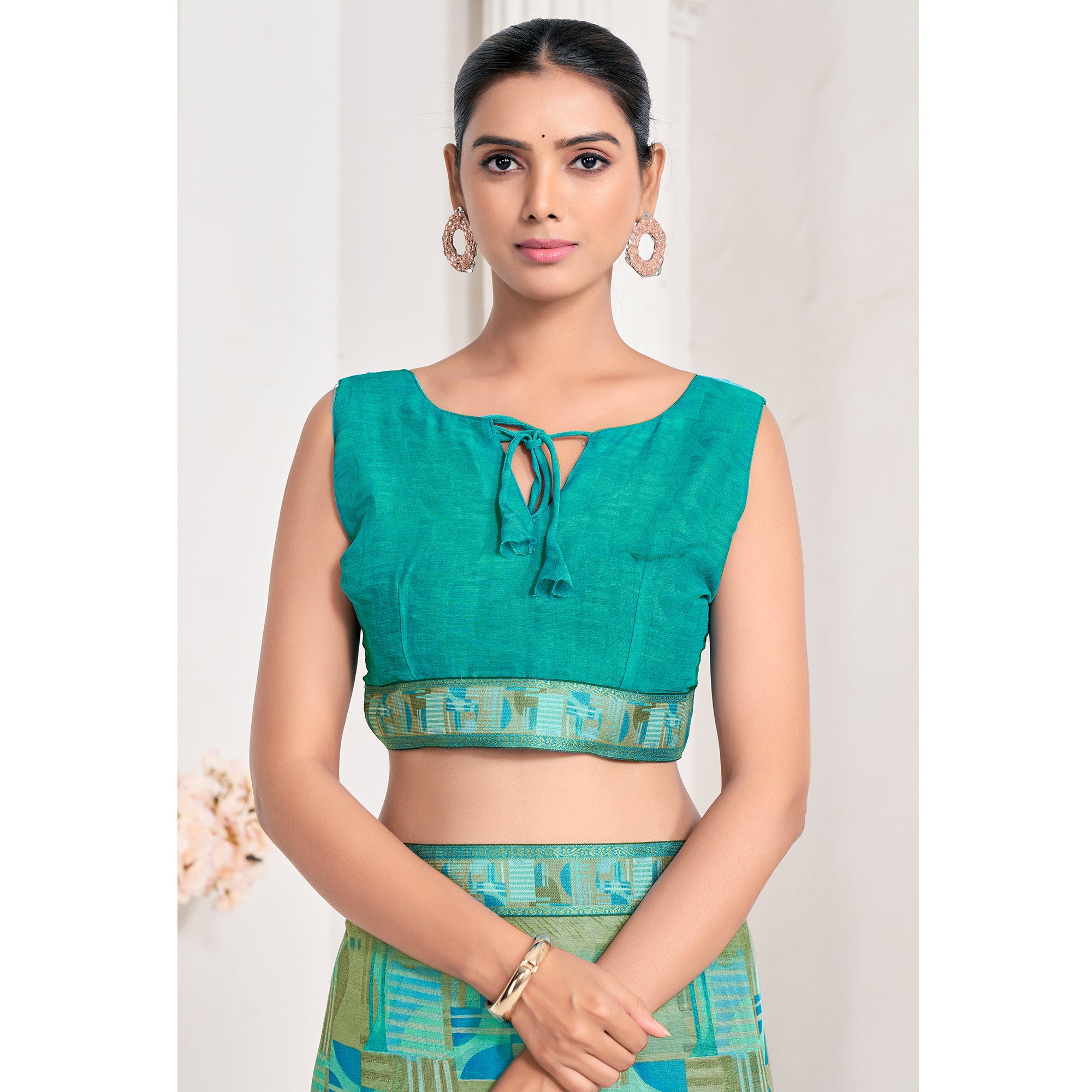 Green Geometric Printed Chiffon Saree With Lace Border