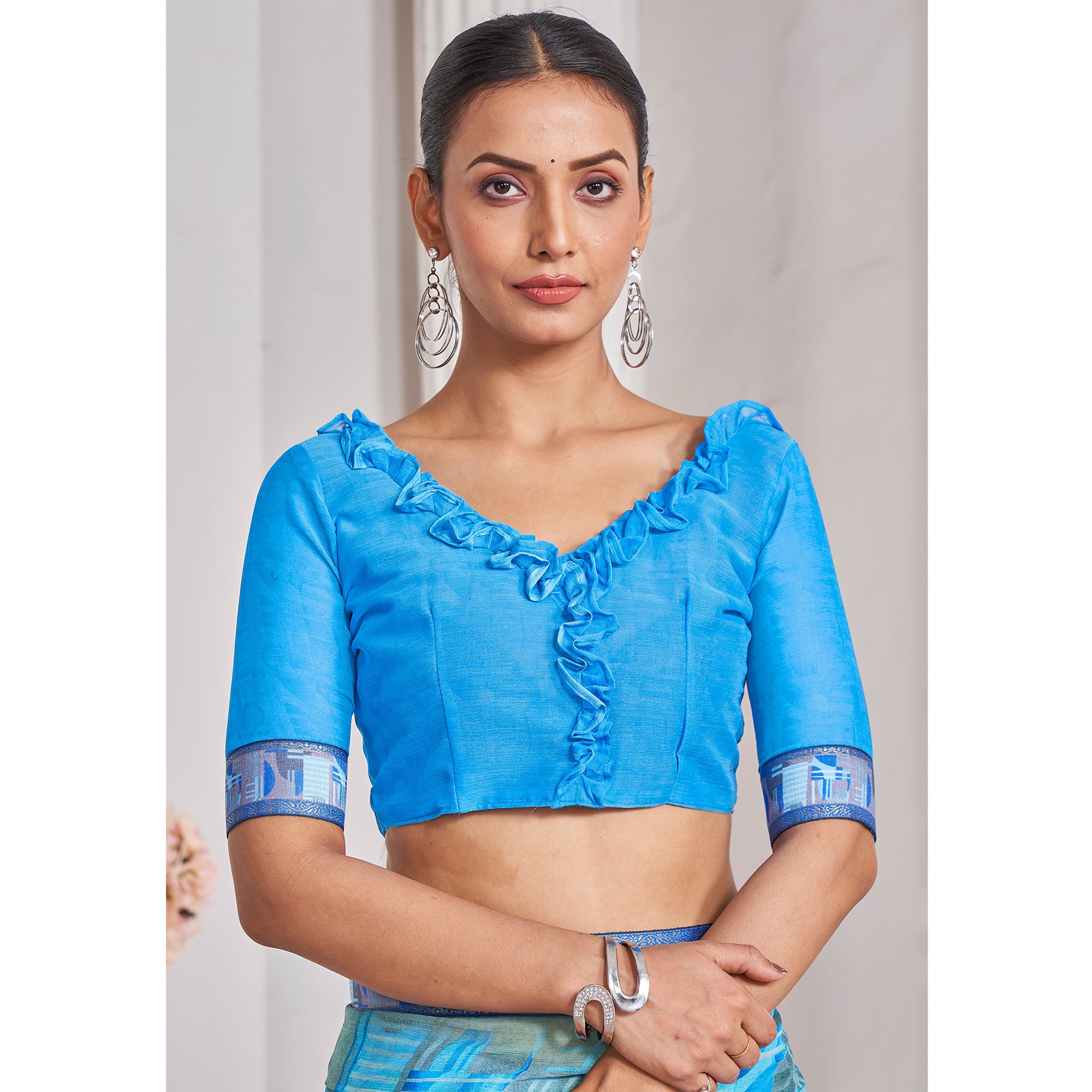Sky Blue Geometric Printed Chiffon Saree With Lace Border