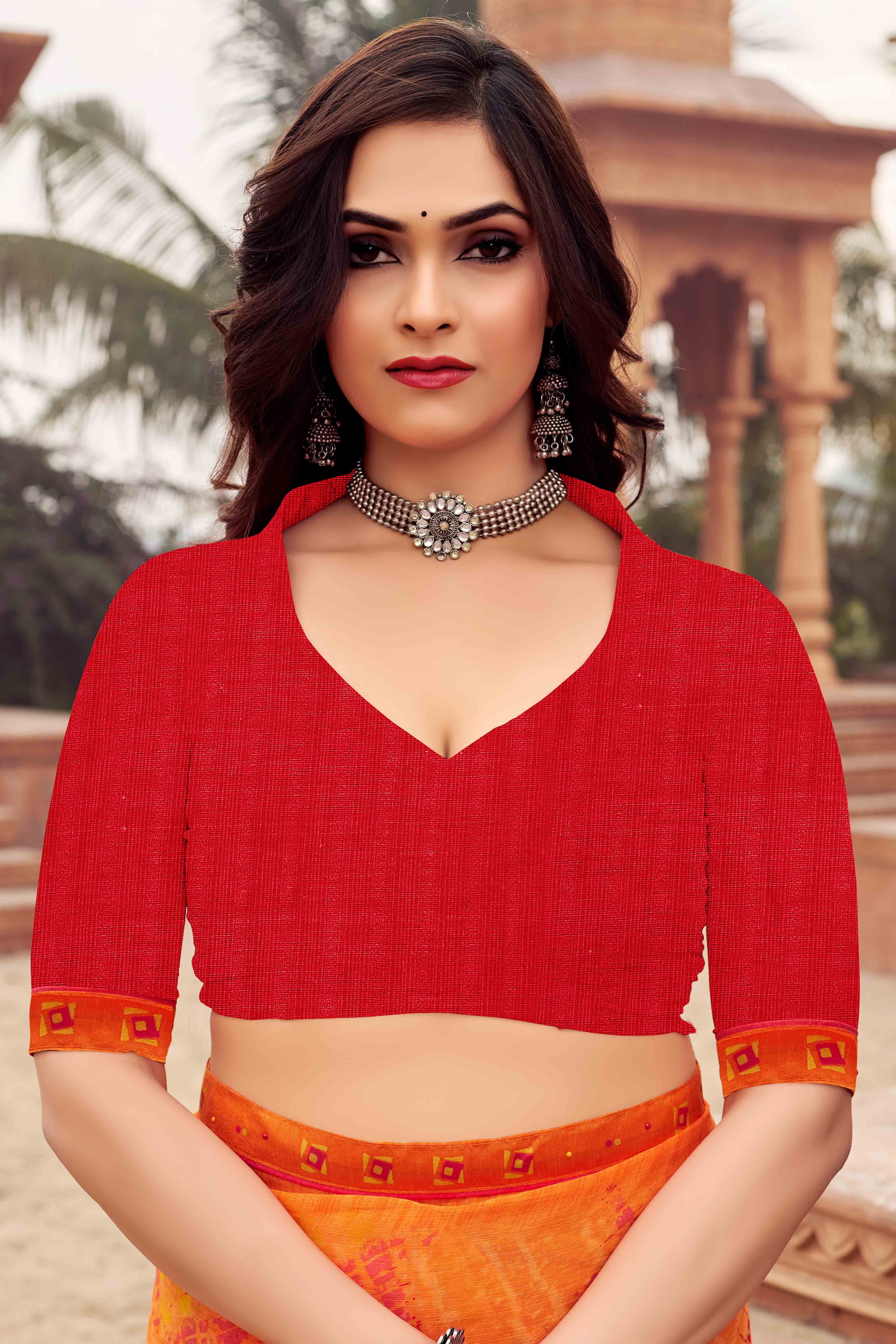 Orange Abstract Printed Chiffon Saree