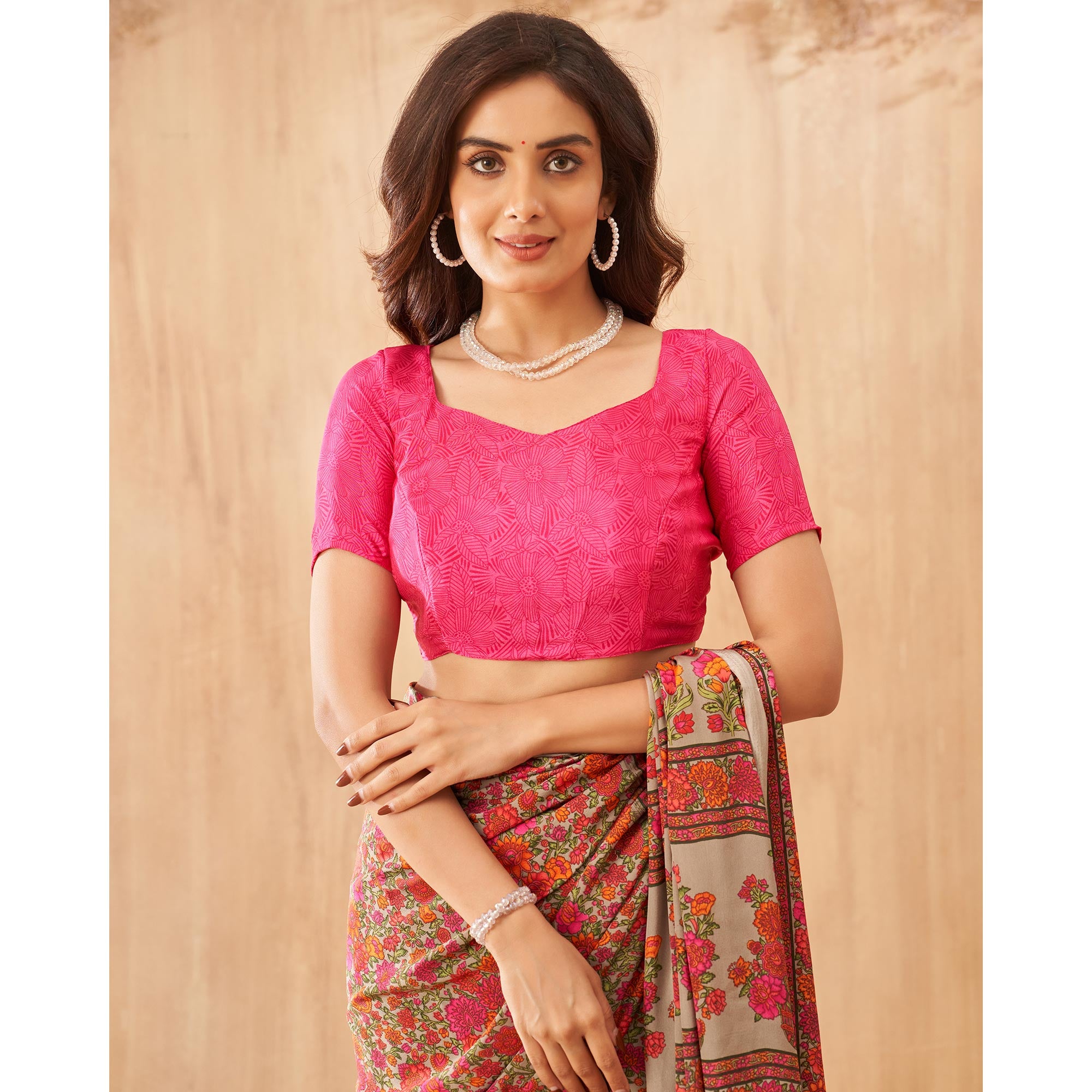 Pink Floral Printed Crepe Saree
