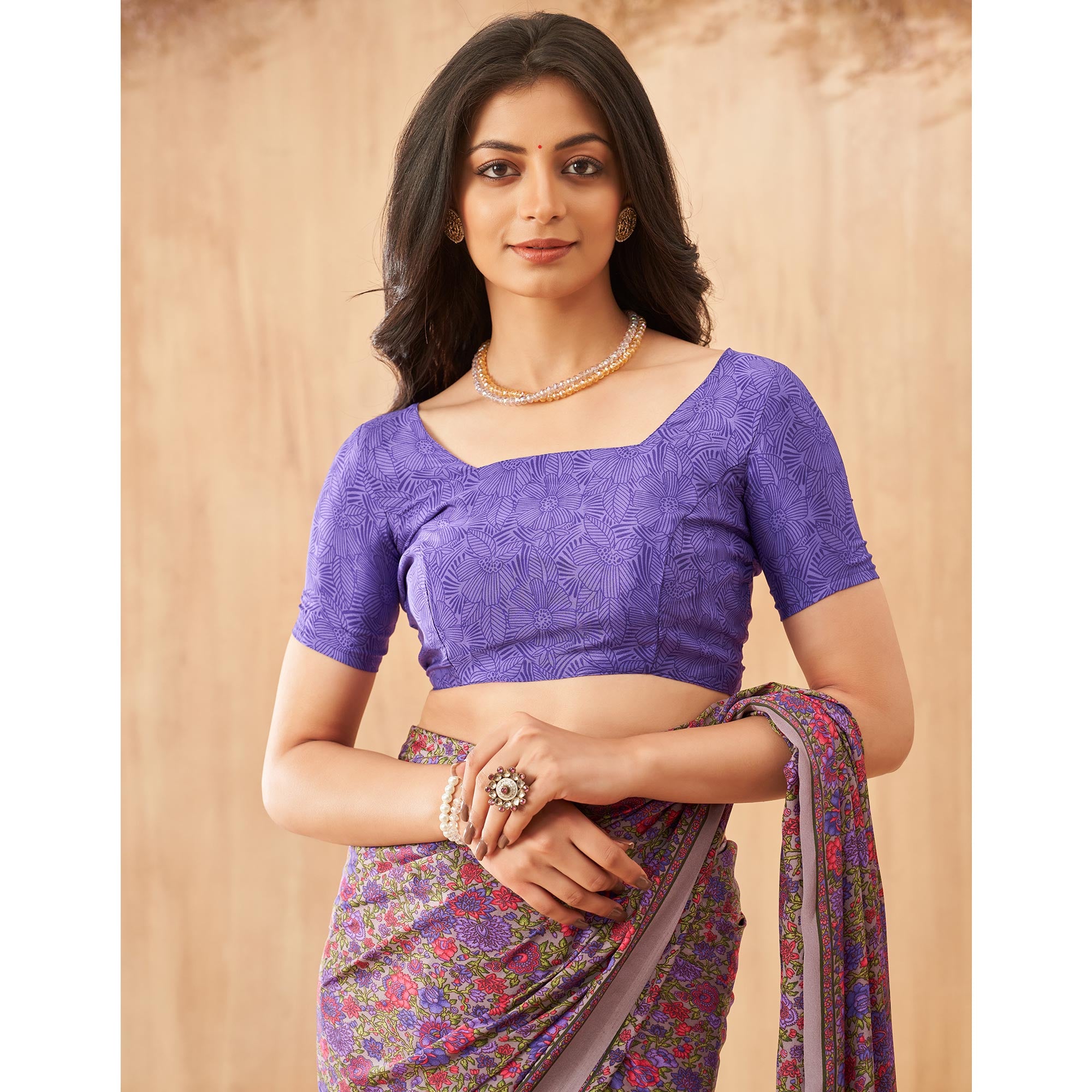 Purple Floral Printed Crepe Saree
