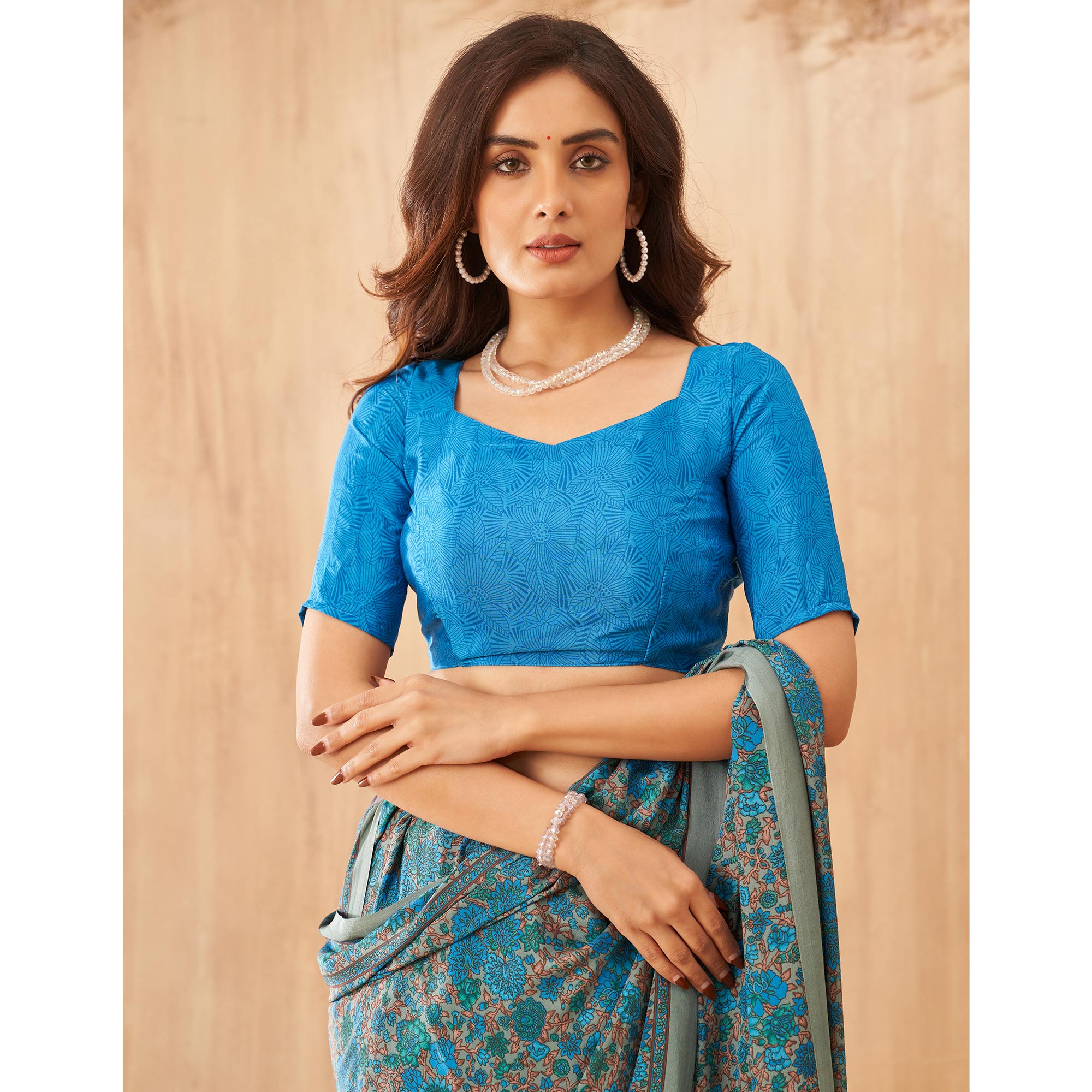 Teal Floral Printed Crepe Saree