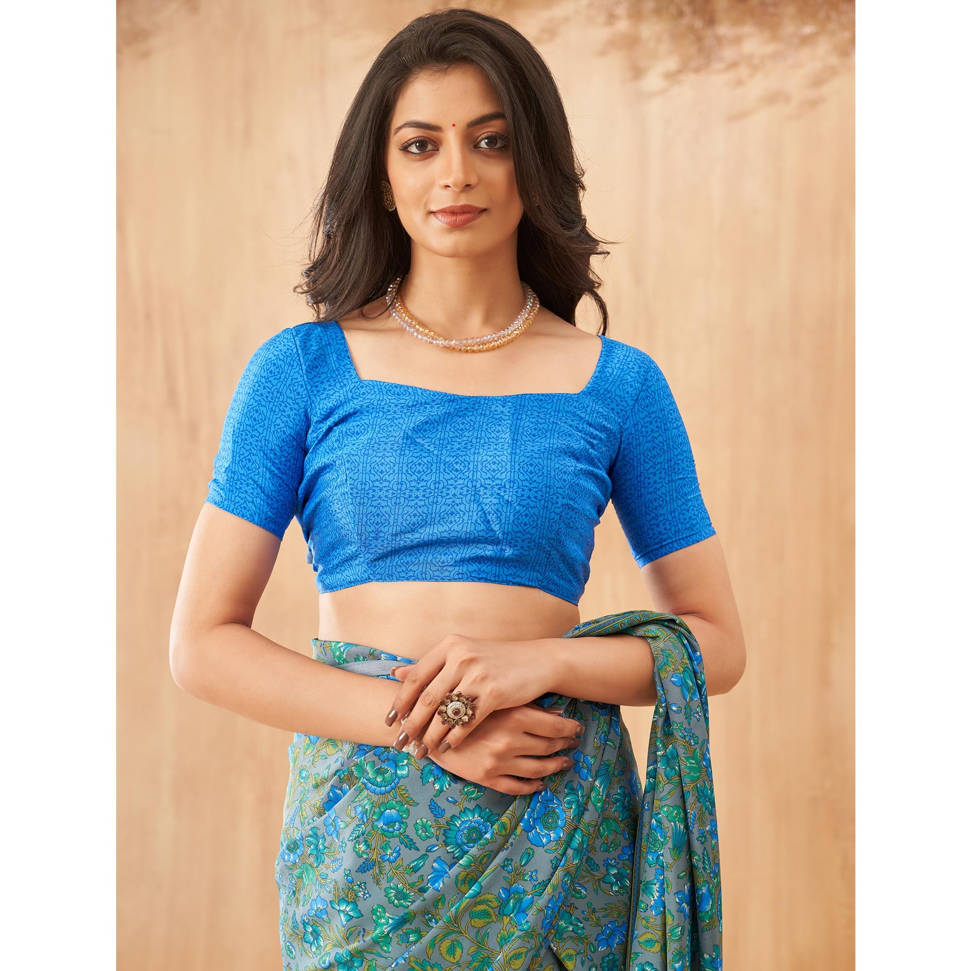 Teal Floral Printed Crepe Saree