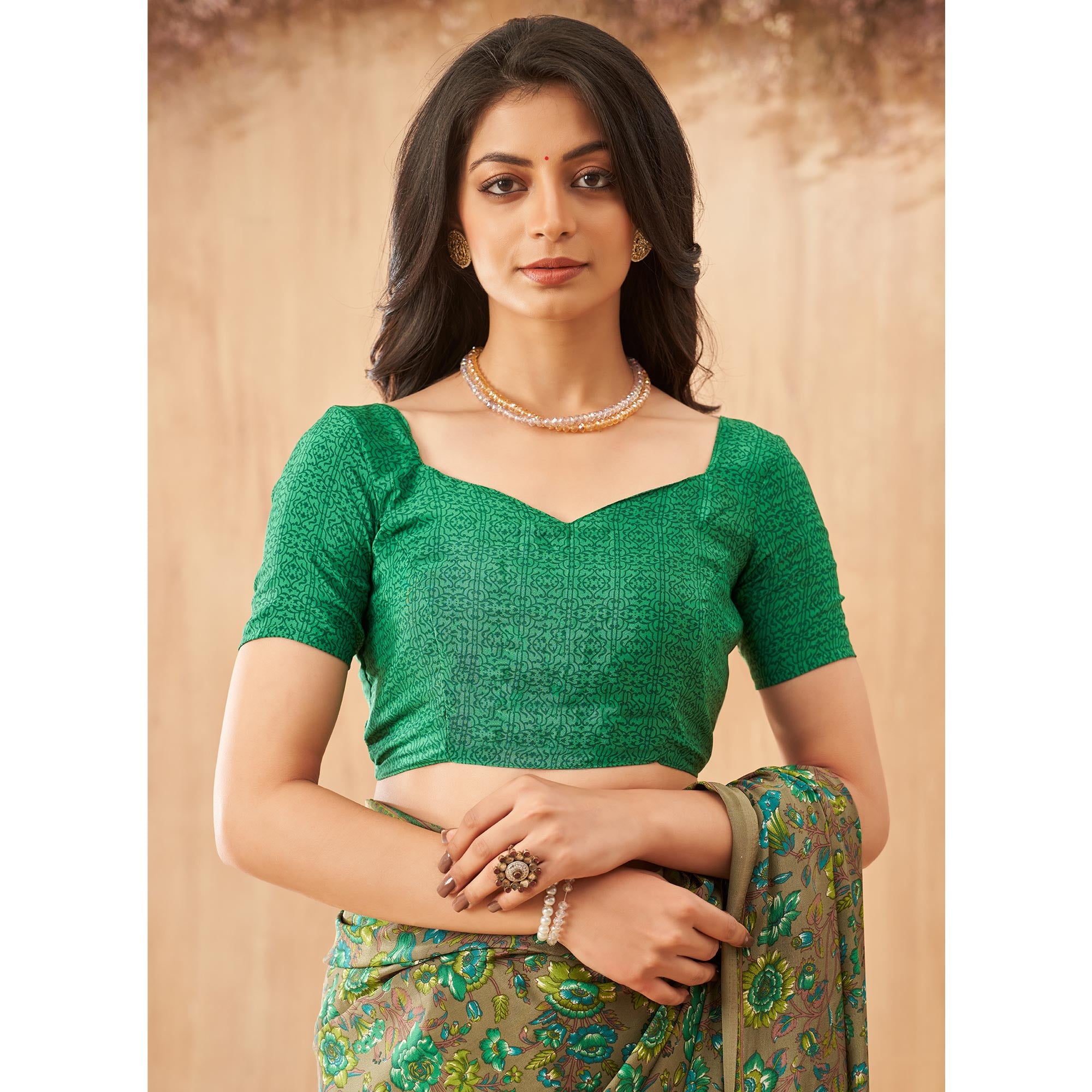 Green Floral Printed Crepe Saree