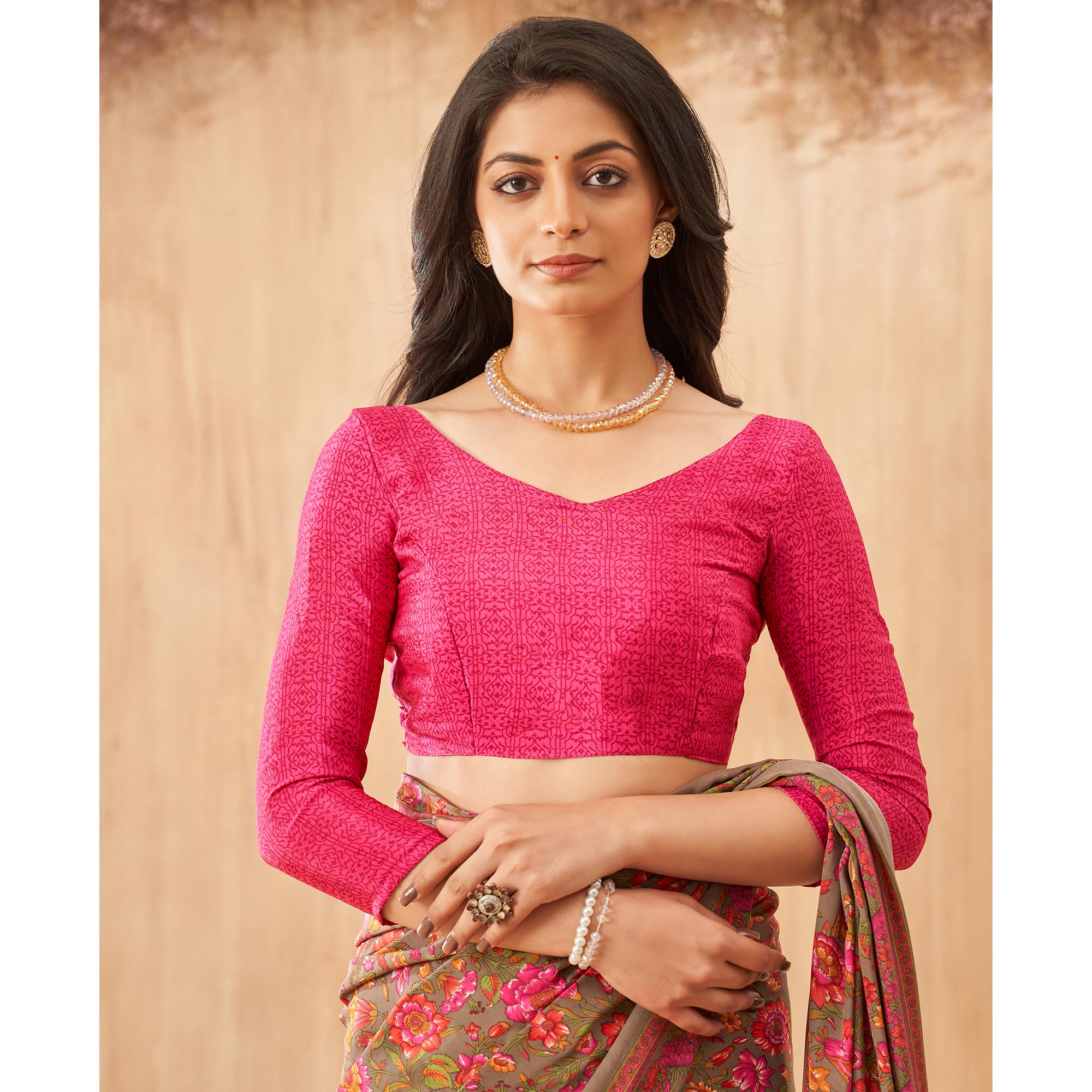 Pink Floral Printed Crepe Saree