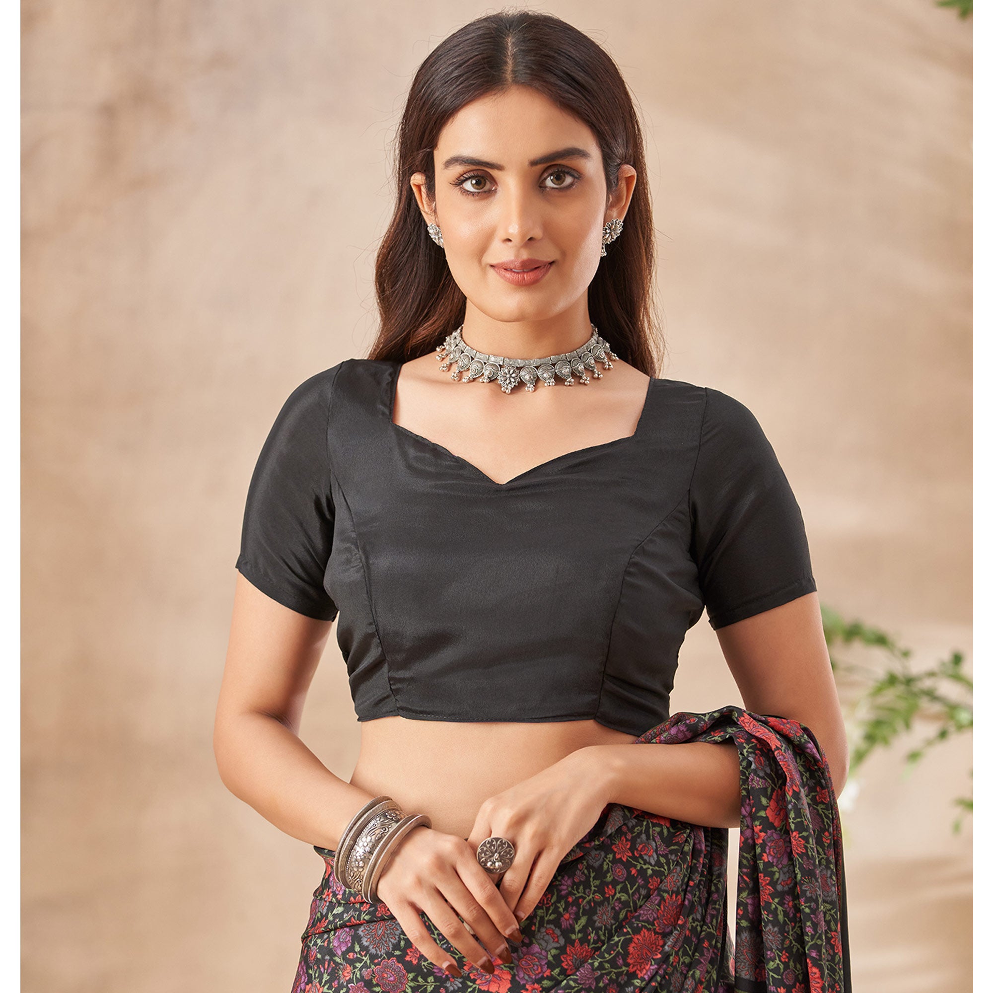 Black Floral Printed Crepe Saree