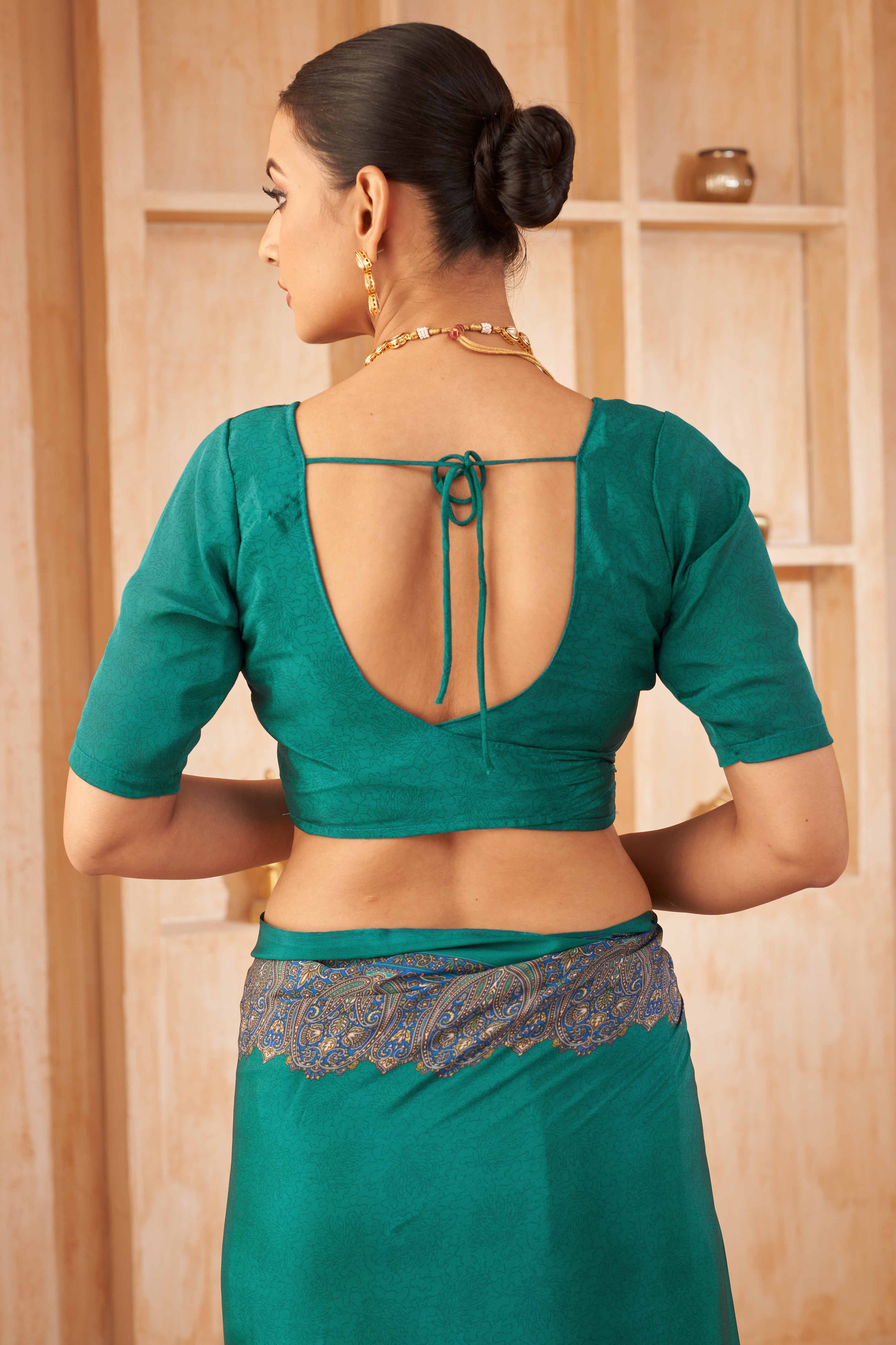 Rama Green Floral Printed Crepe Silk Saree
