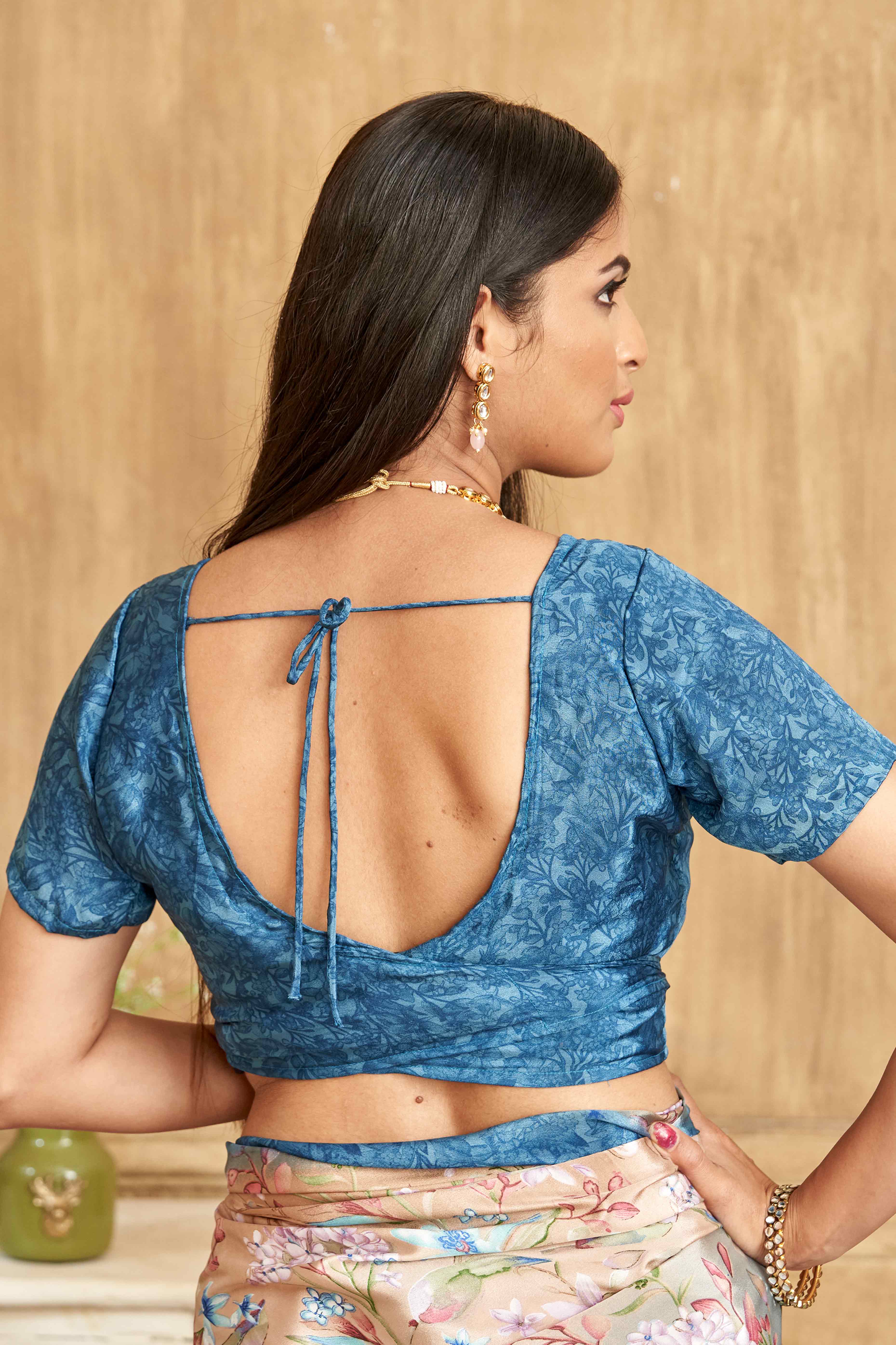 Blue Floral Printed Crepe Silk Saree