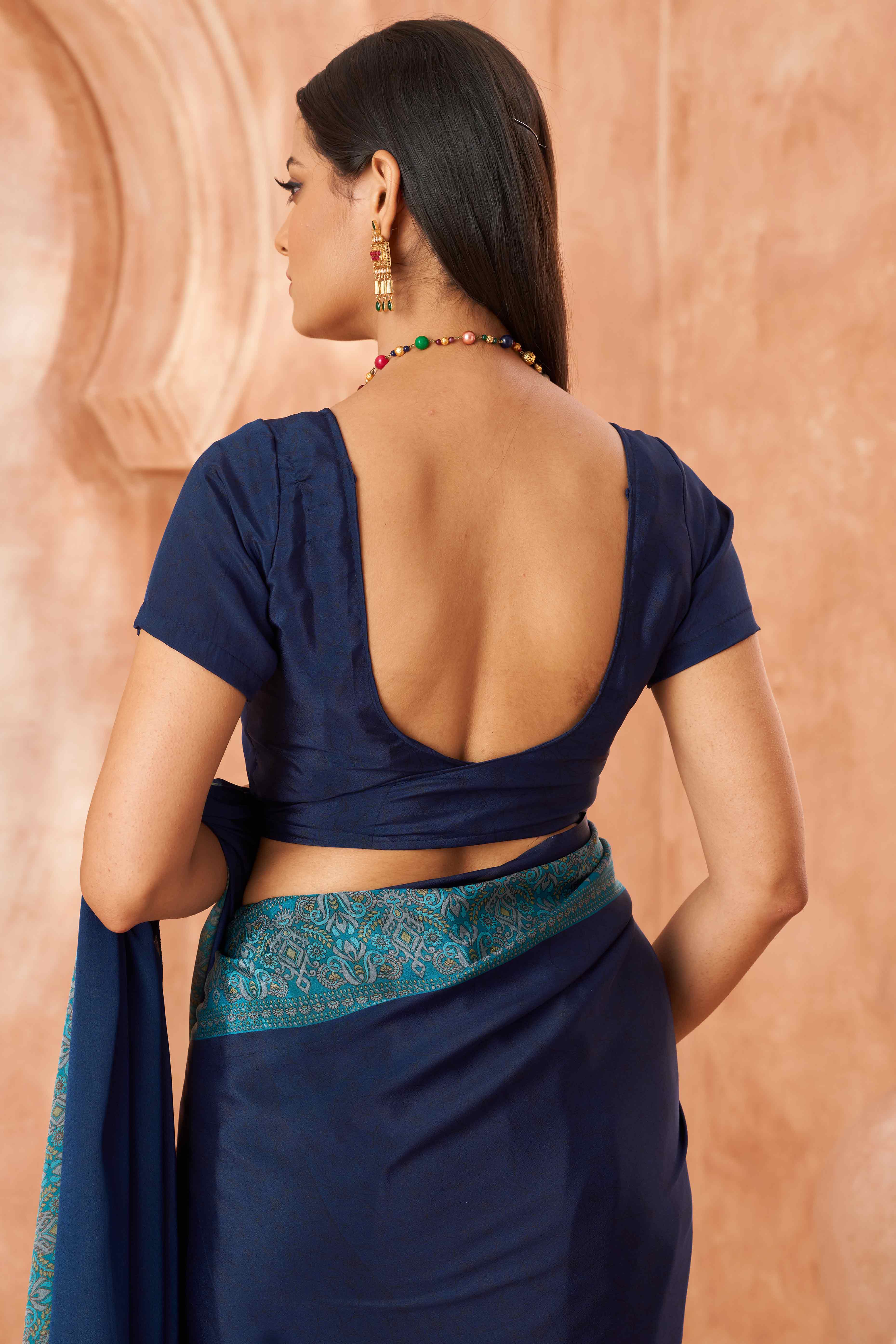 Navy Blue Crepe Silk Saree with Elegant Floral Print Detailing