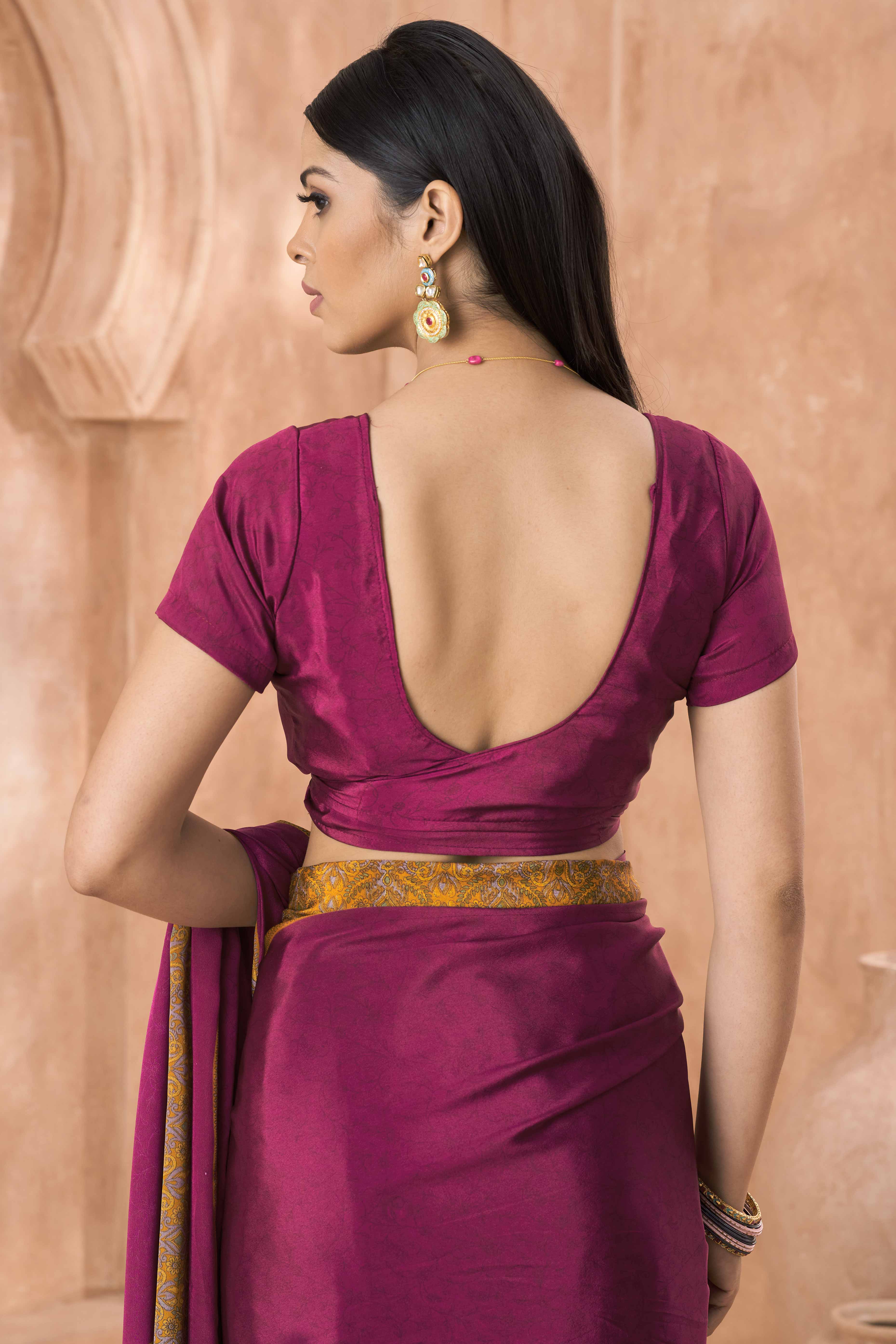 3Dark Magenta Crepe Silk Saree with Elegant Floral Print Detailing
