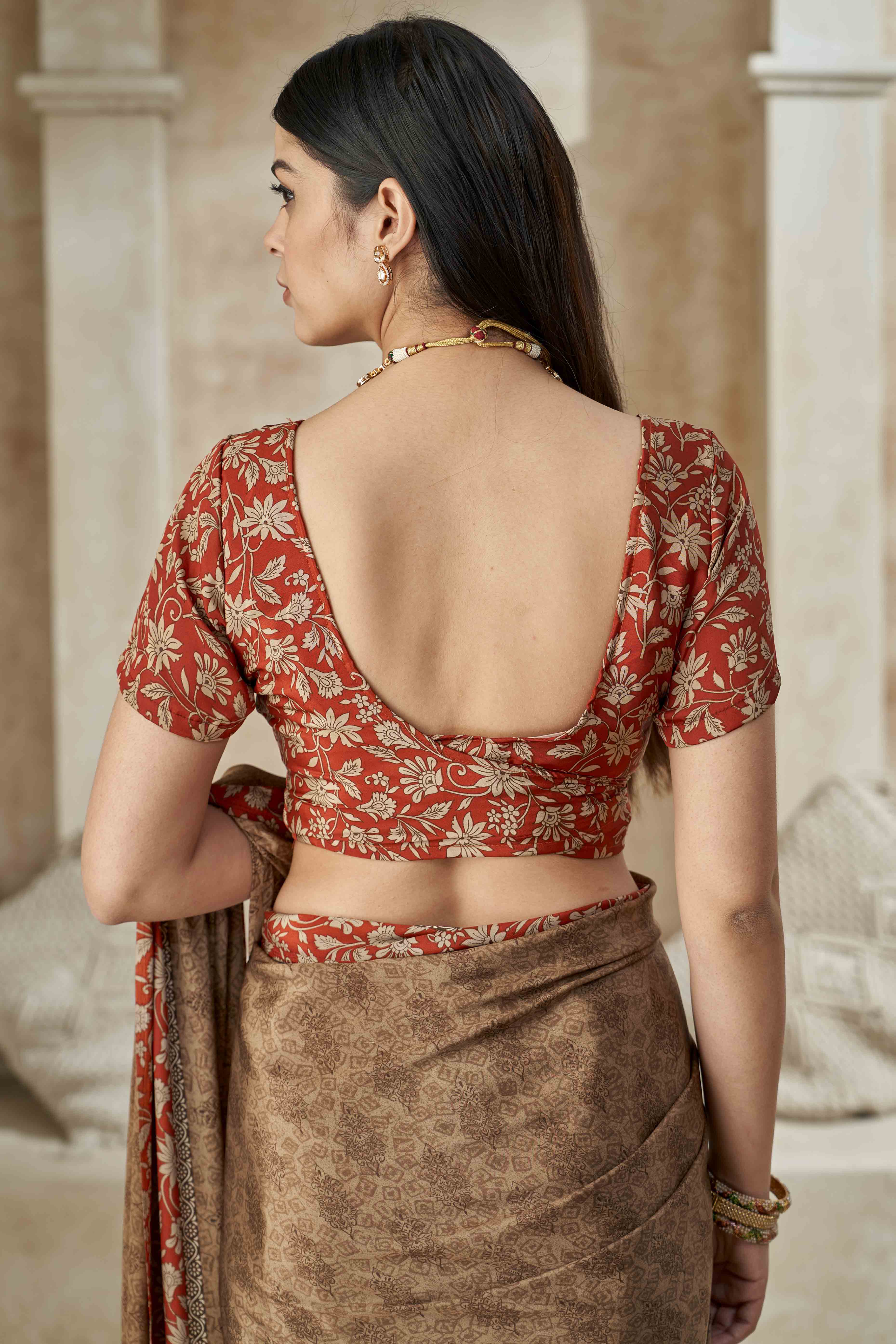Brown Crepe Silk Saree With Timeless Floral Print Detailing