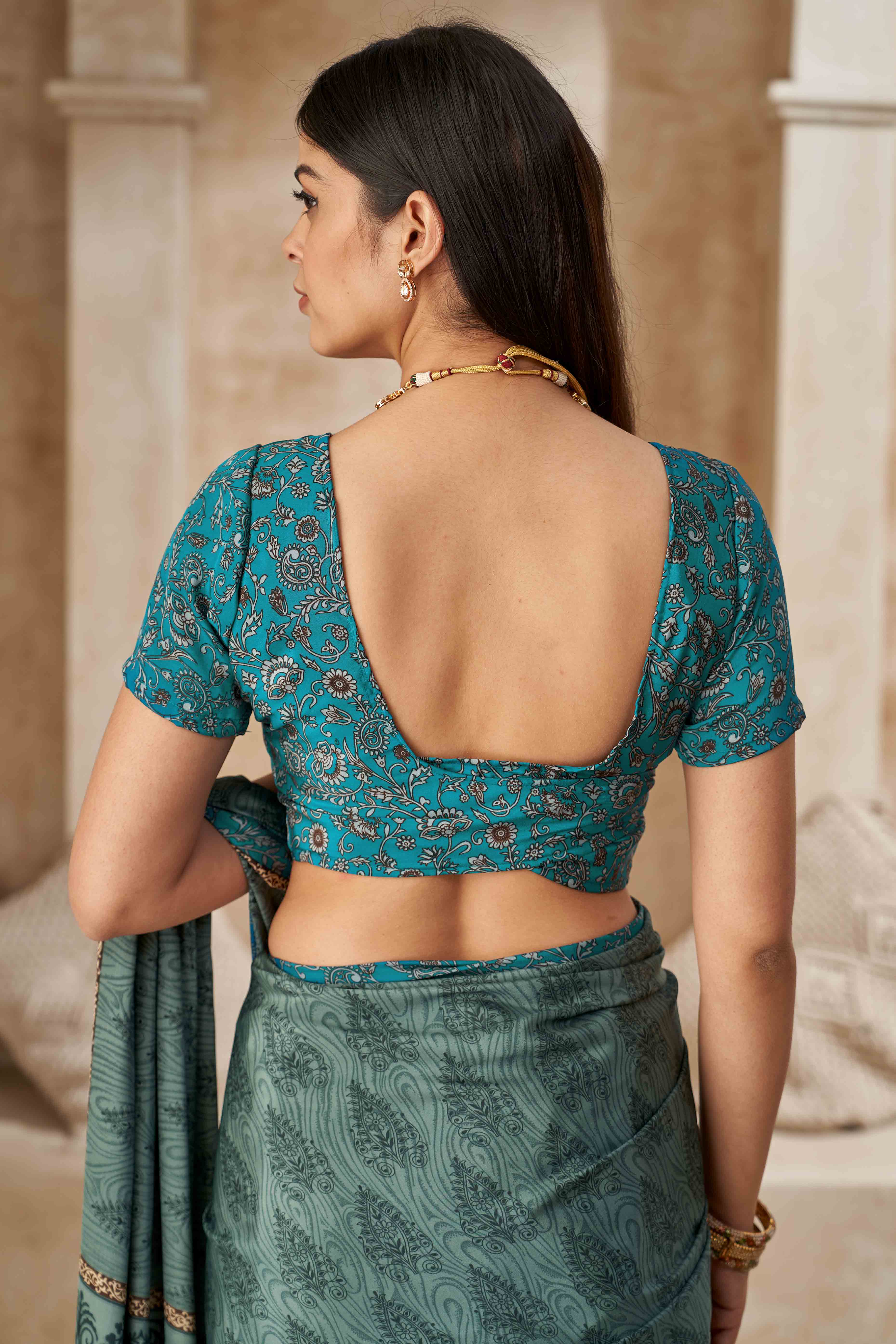 Sage Green & Teal Crepe Silk Saree With Timeless Floral Print Detailing