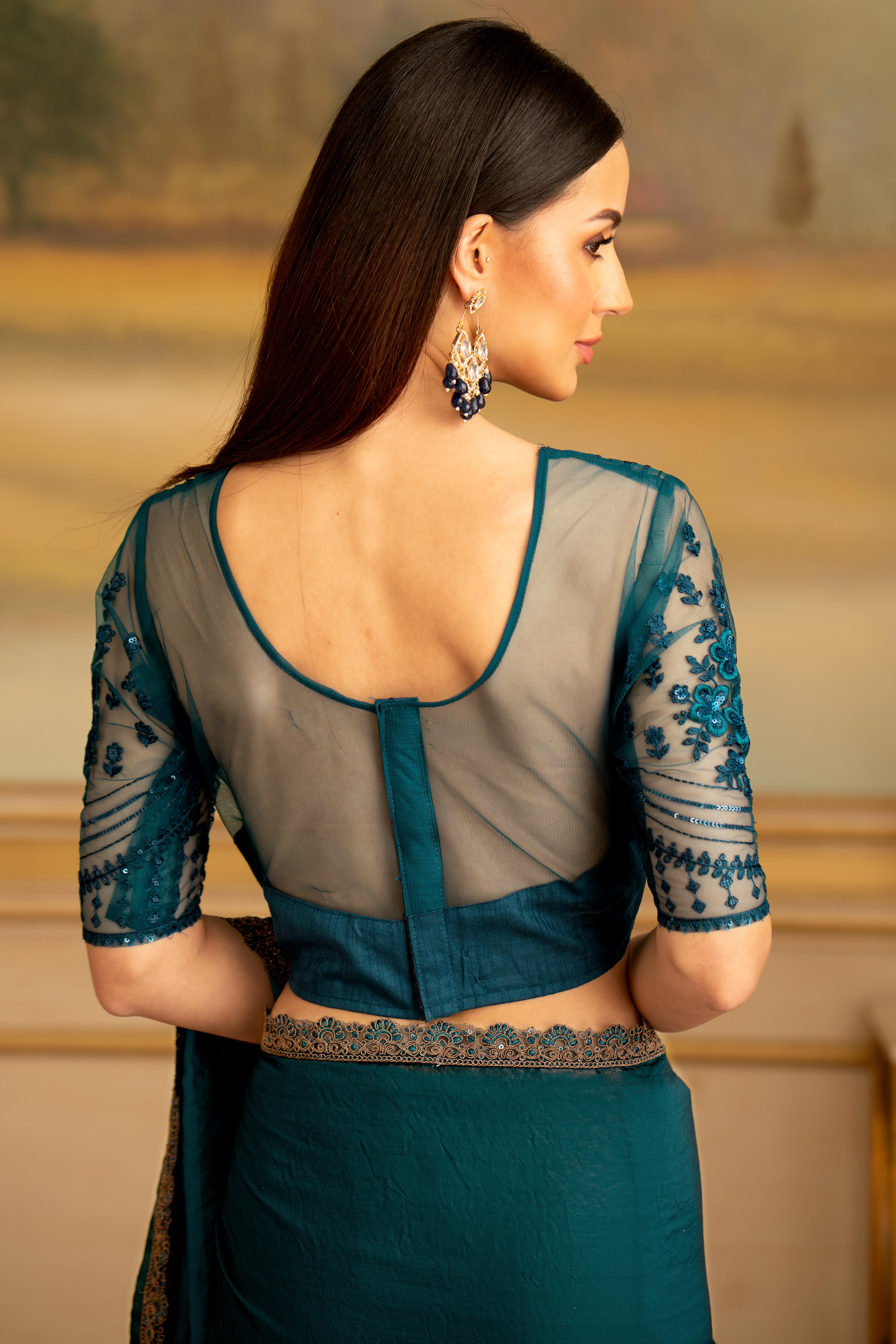 Dark Teal Twilight Georgette Saree Embellished With Floral Sequins Embroidered & Lace Border