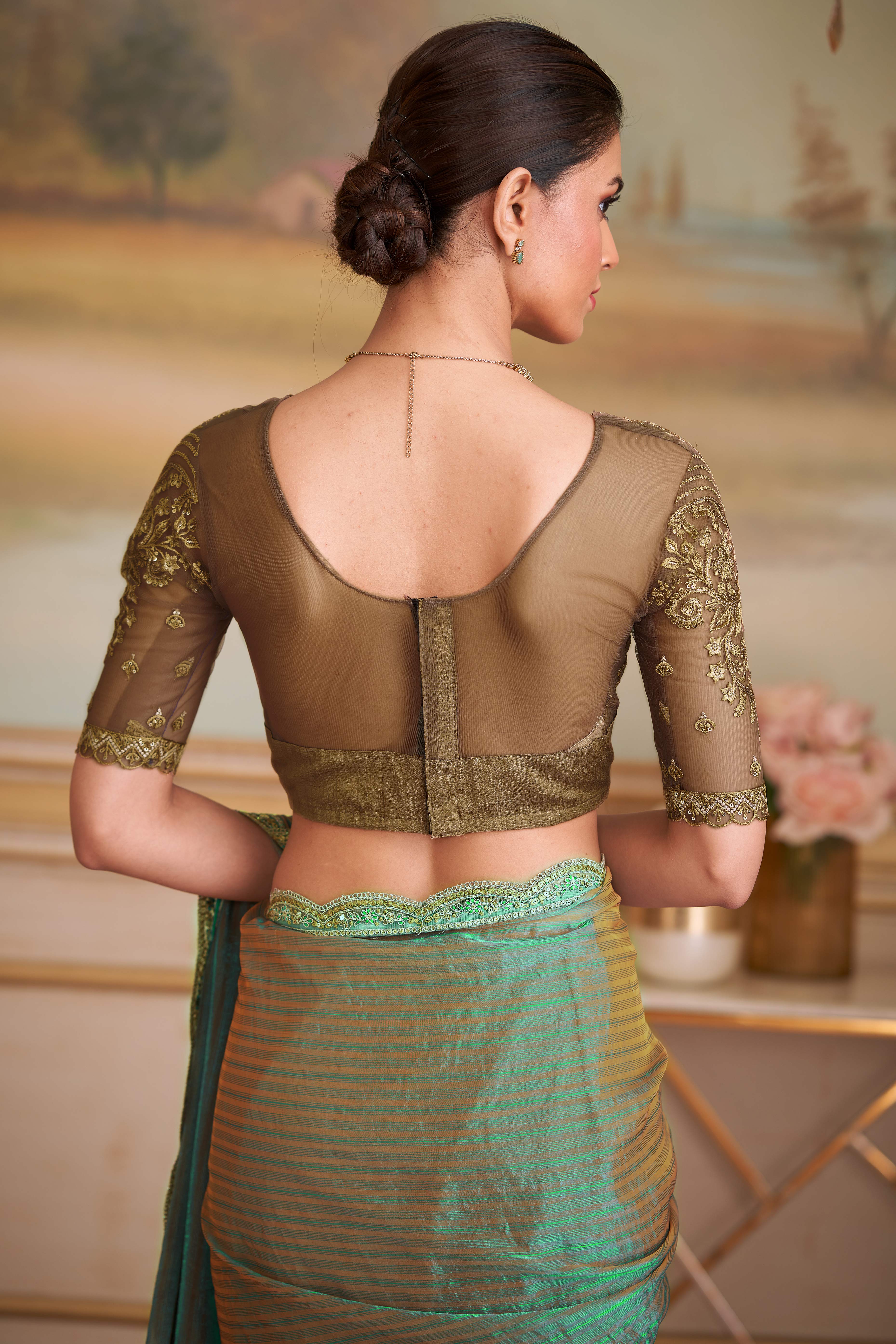 Charming Turquoise Striped Georgette Saree Featuring Floral Sequins Embroidered Lace Border