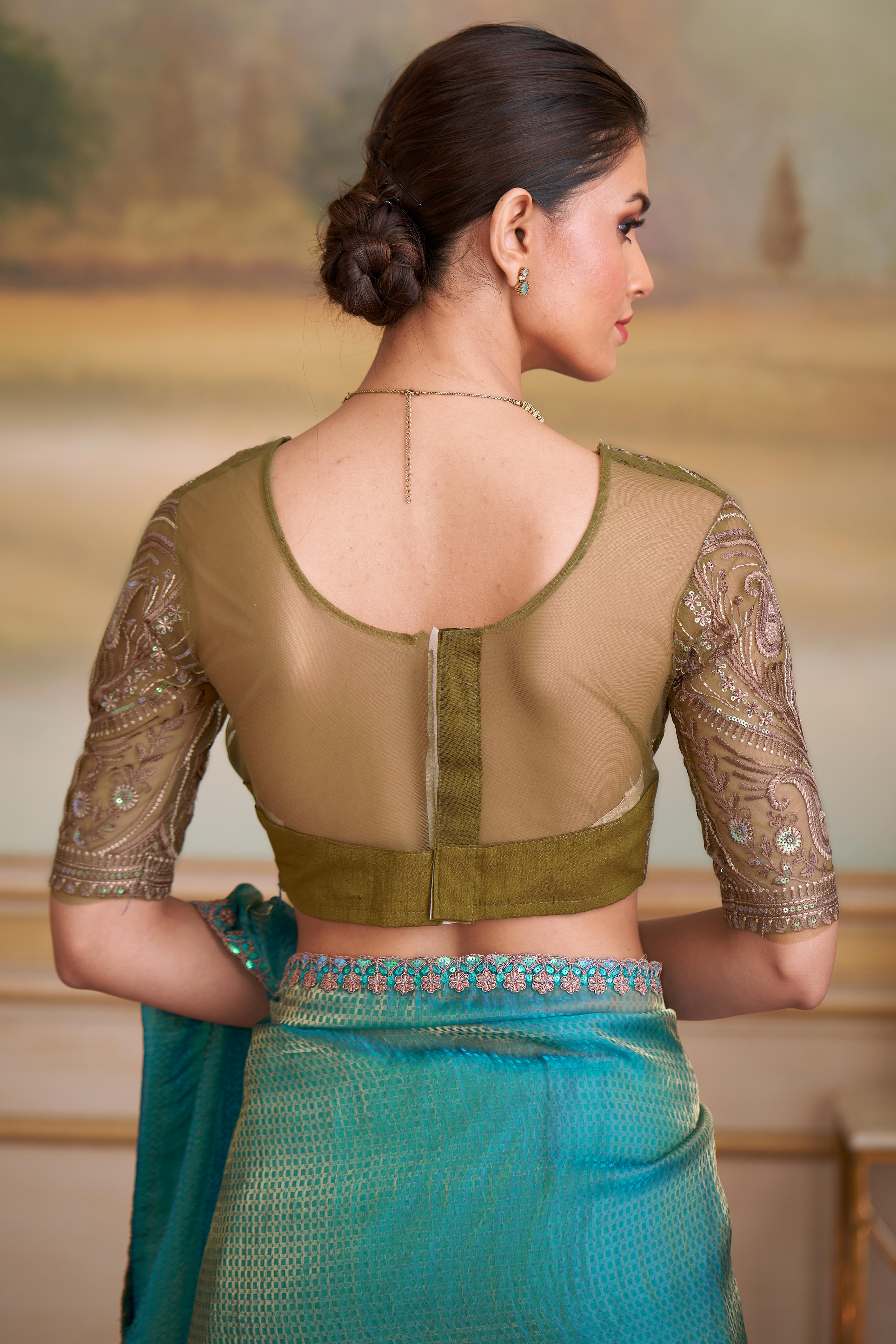 Charming Golden Blue Checked Georgette Saree Embellished With Floral Sequins Embroidered Lace Border