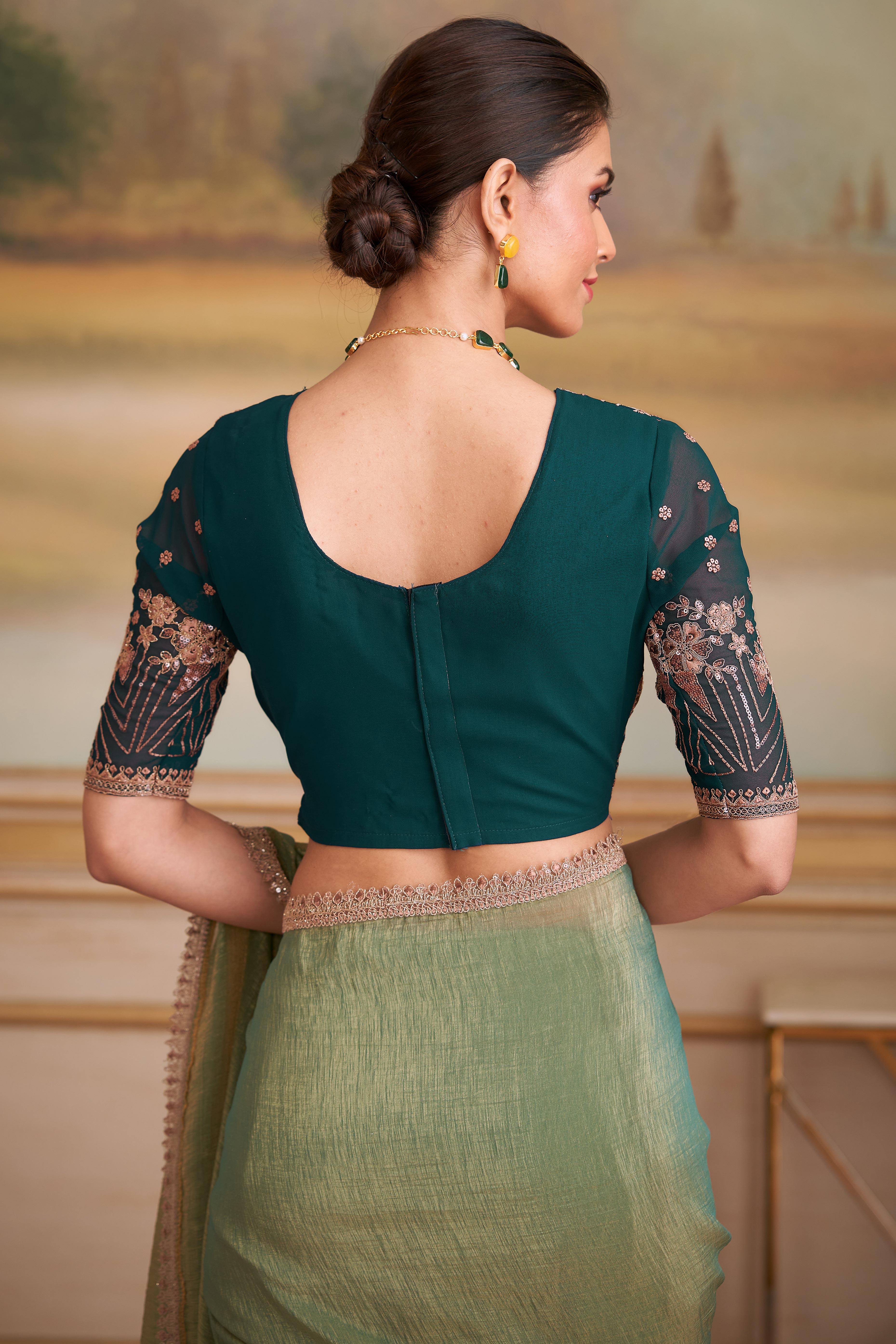 Captivating Pista Green Georgette Saree Beautified With Floral Sequins Embroidery Lace Border