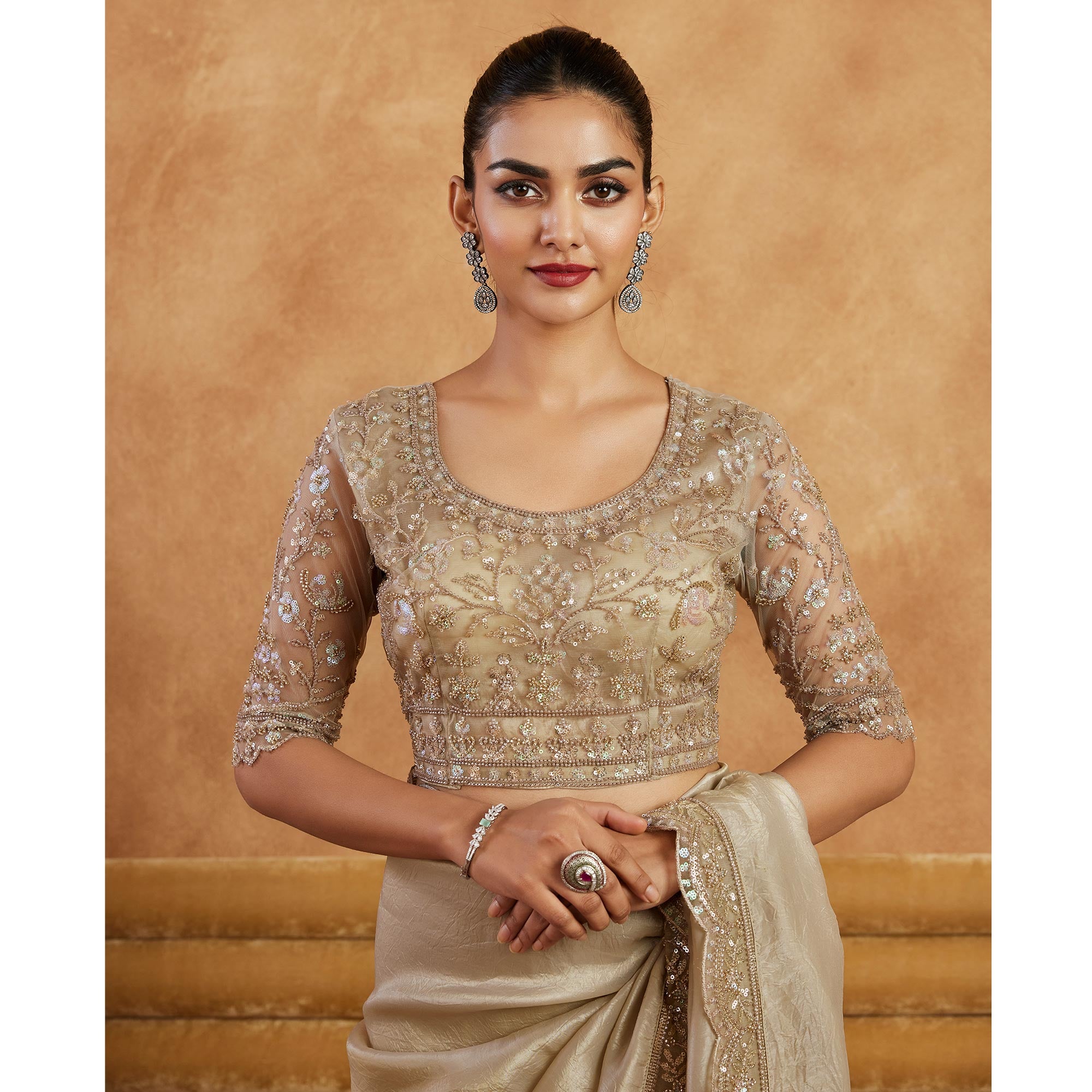 Beige Sequins Embroidered Satin Silk Saree