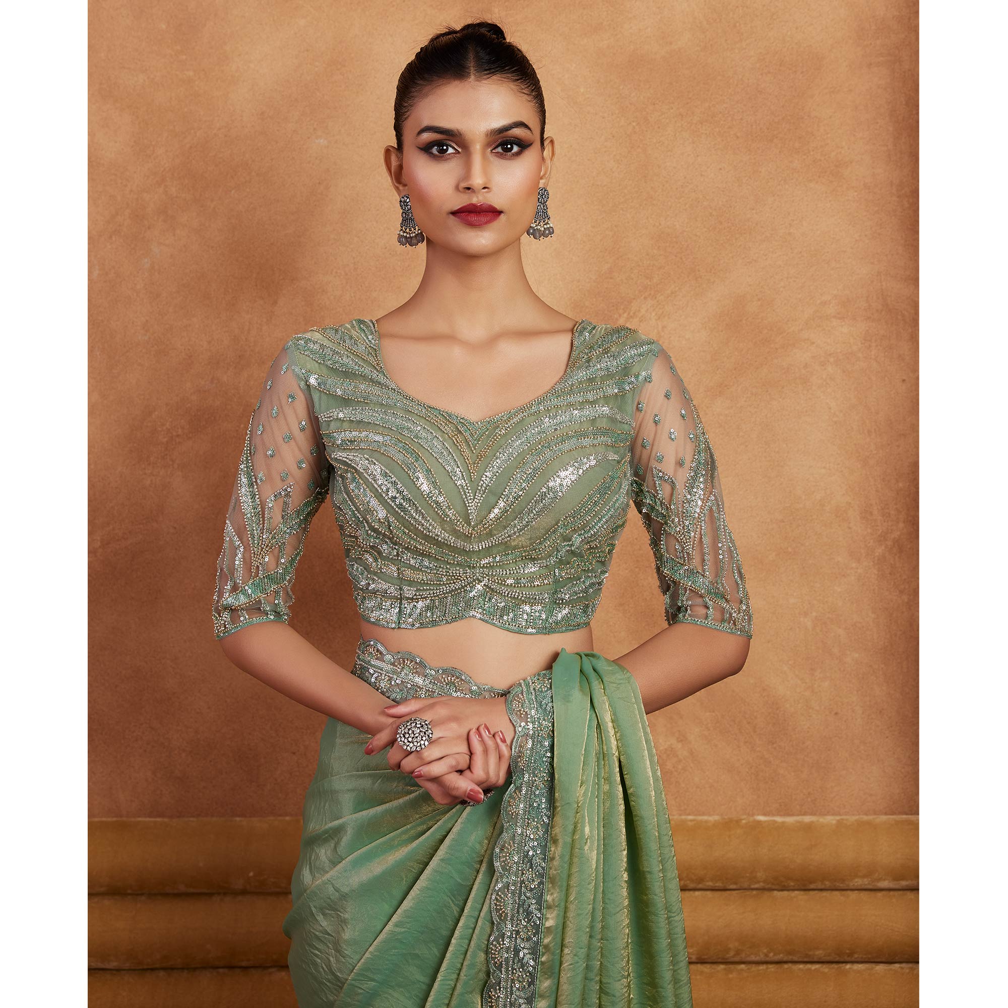Sea Green Sequins Embroidered Satin Silk Saree