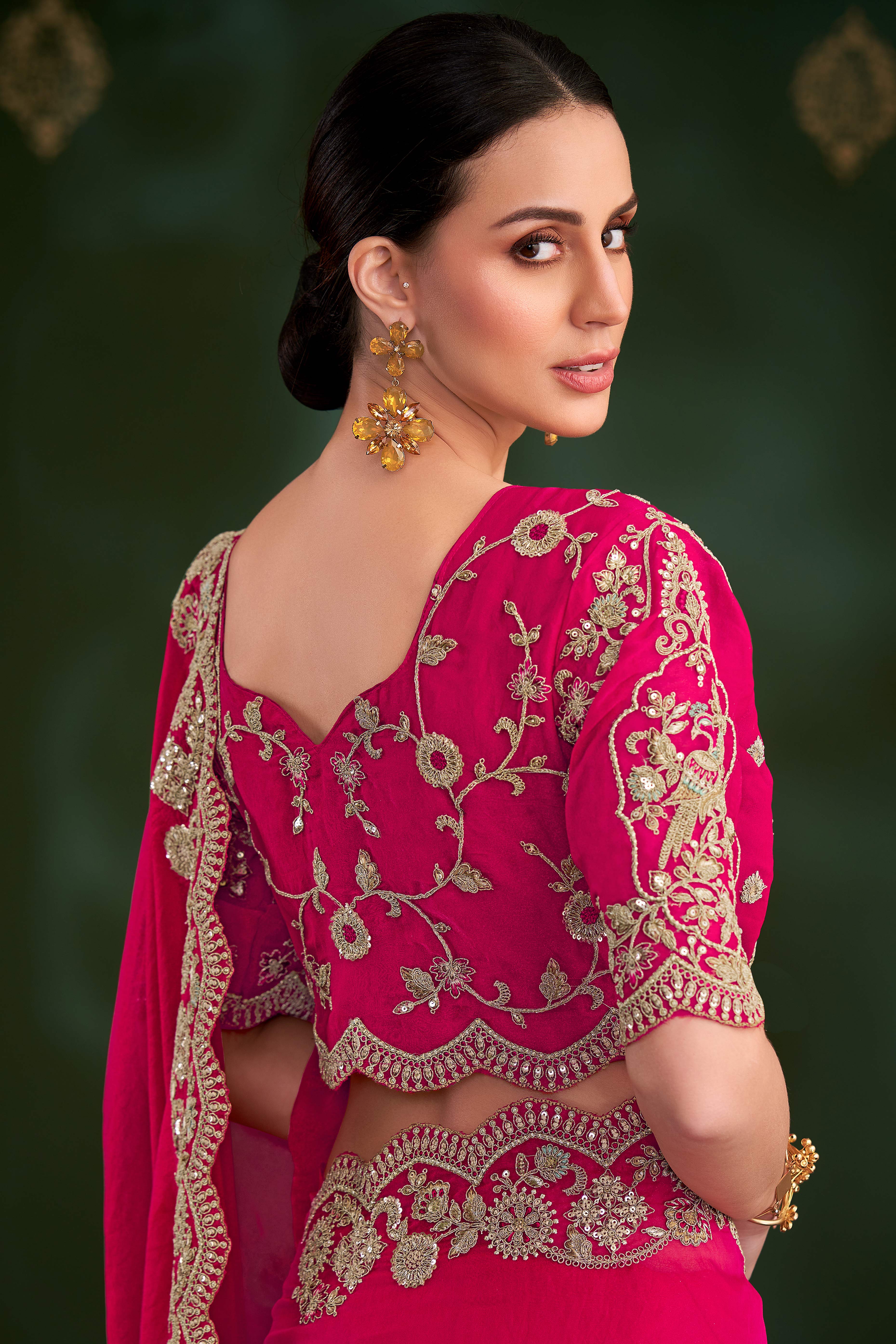 Elegant Pink Georgette Saree Adorned With Floral Cording Sequins Embroidery & Cutwork Border
