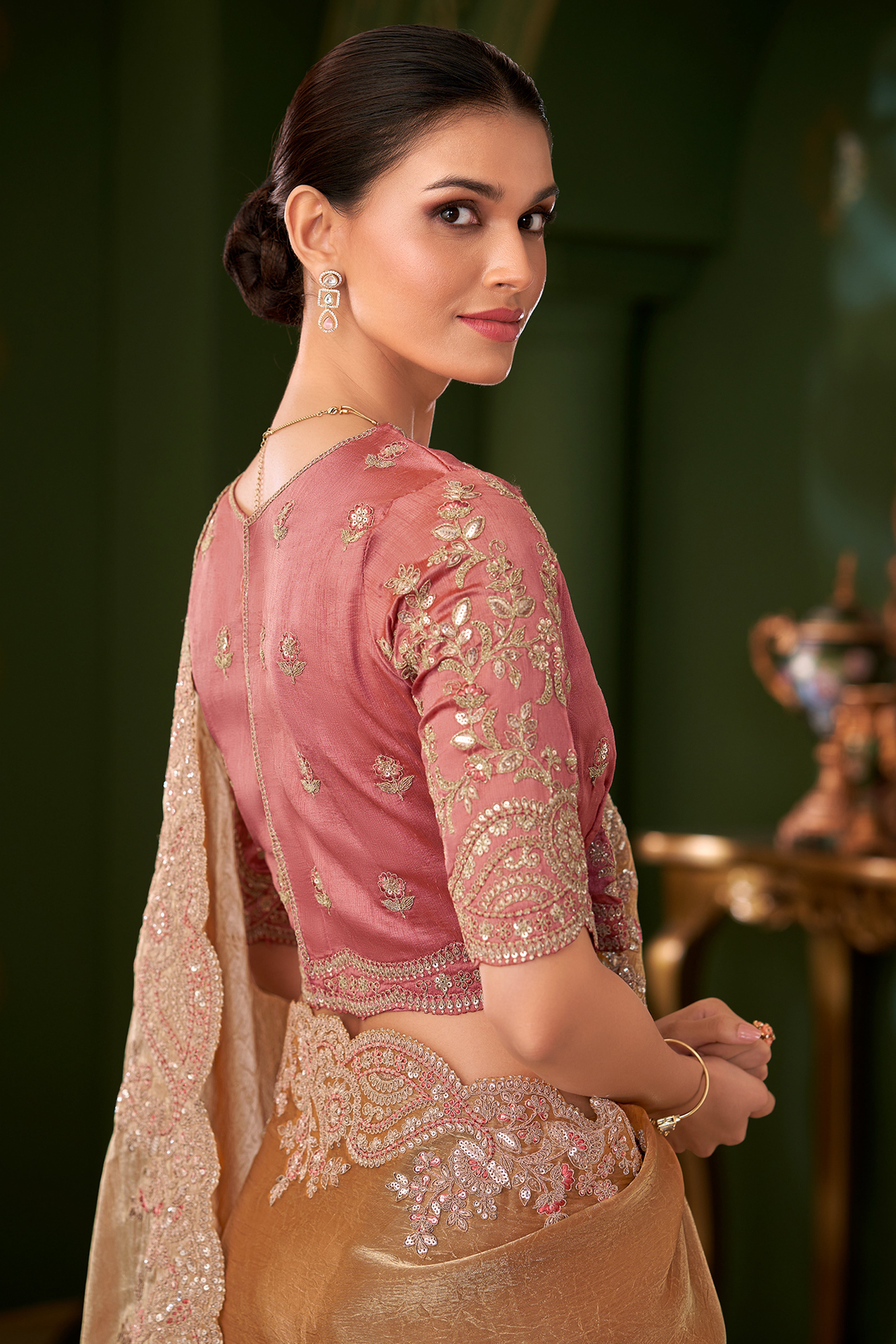 Designer Gold Georgette Saree Adorned With Floral Cording Sequins Embroidery & Cutwork Border