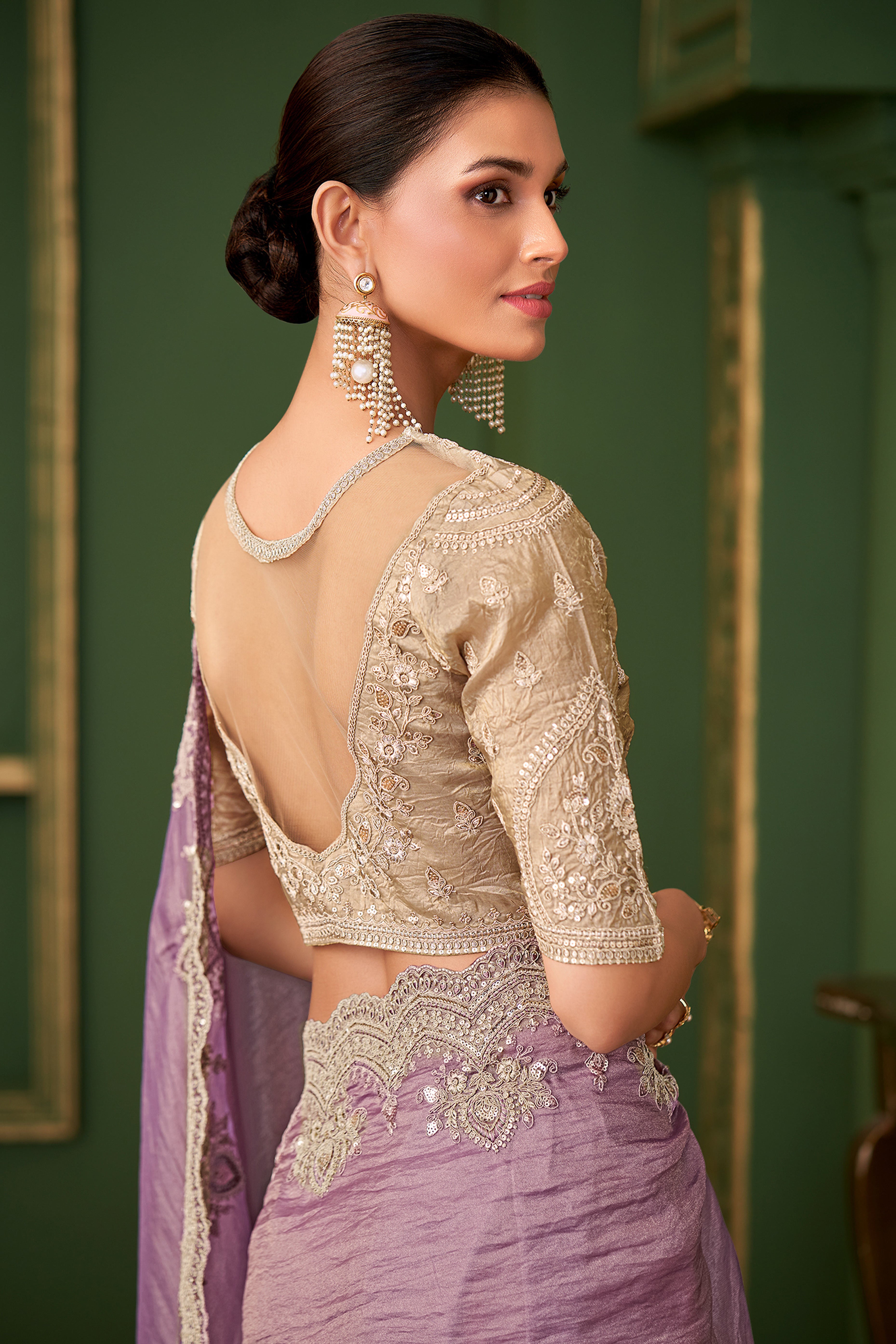 Graceful Lavender Georgette Saree Adorned With Floral Cording Sequins Embroidery & Cutwork Border