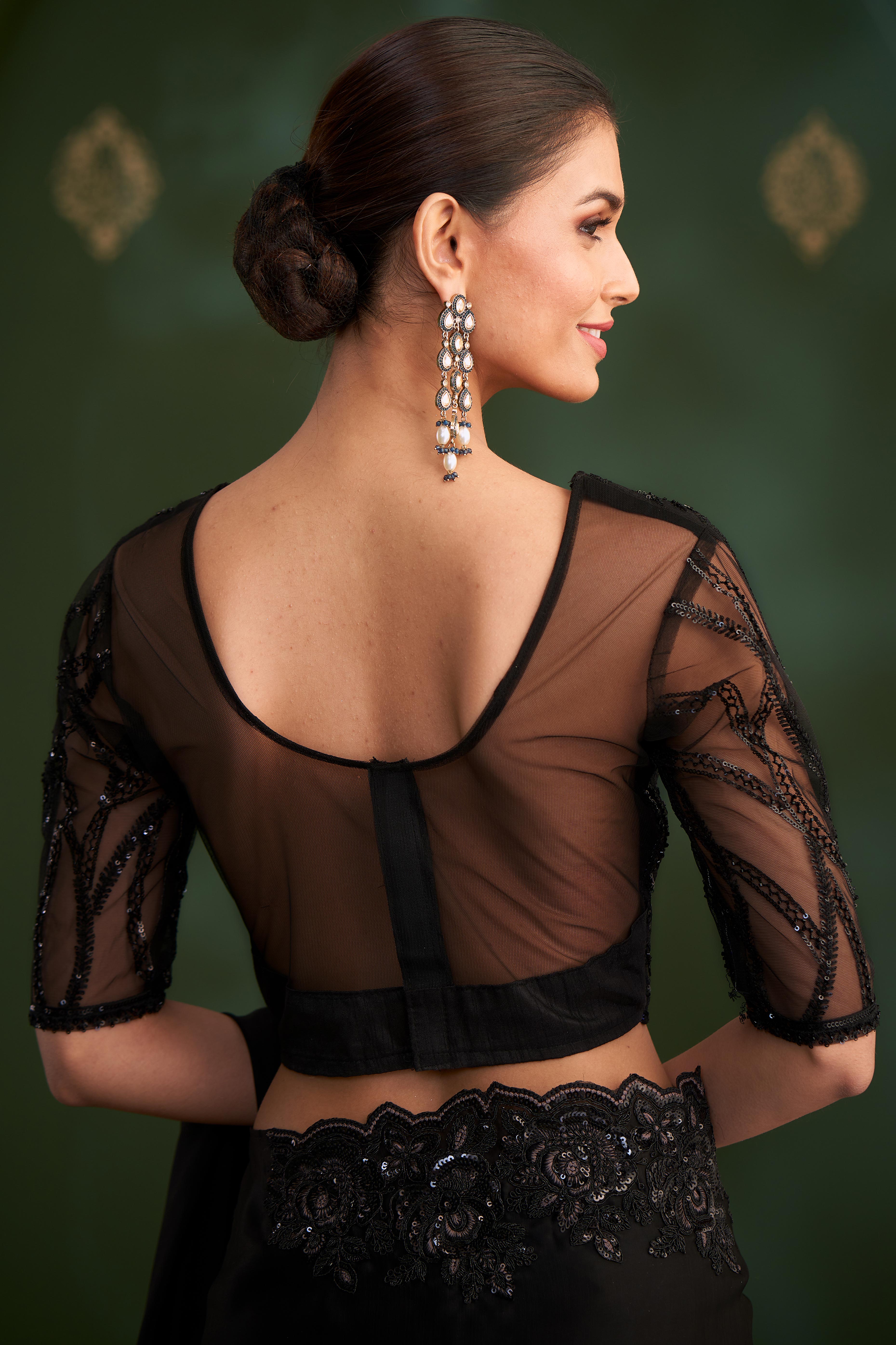 Mesmerizing Black Georgette Saree Adorned With Floral Cording Sequins Embroidery & Cutwork Border