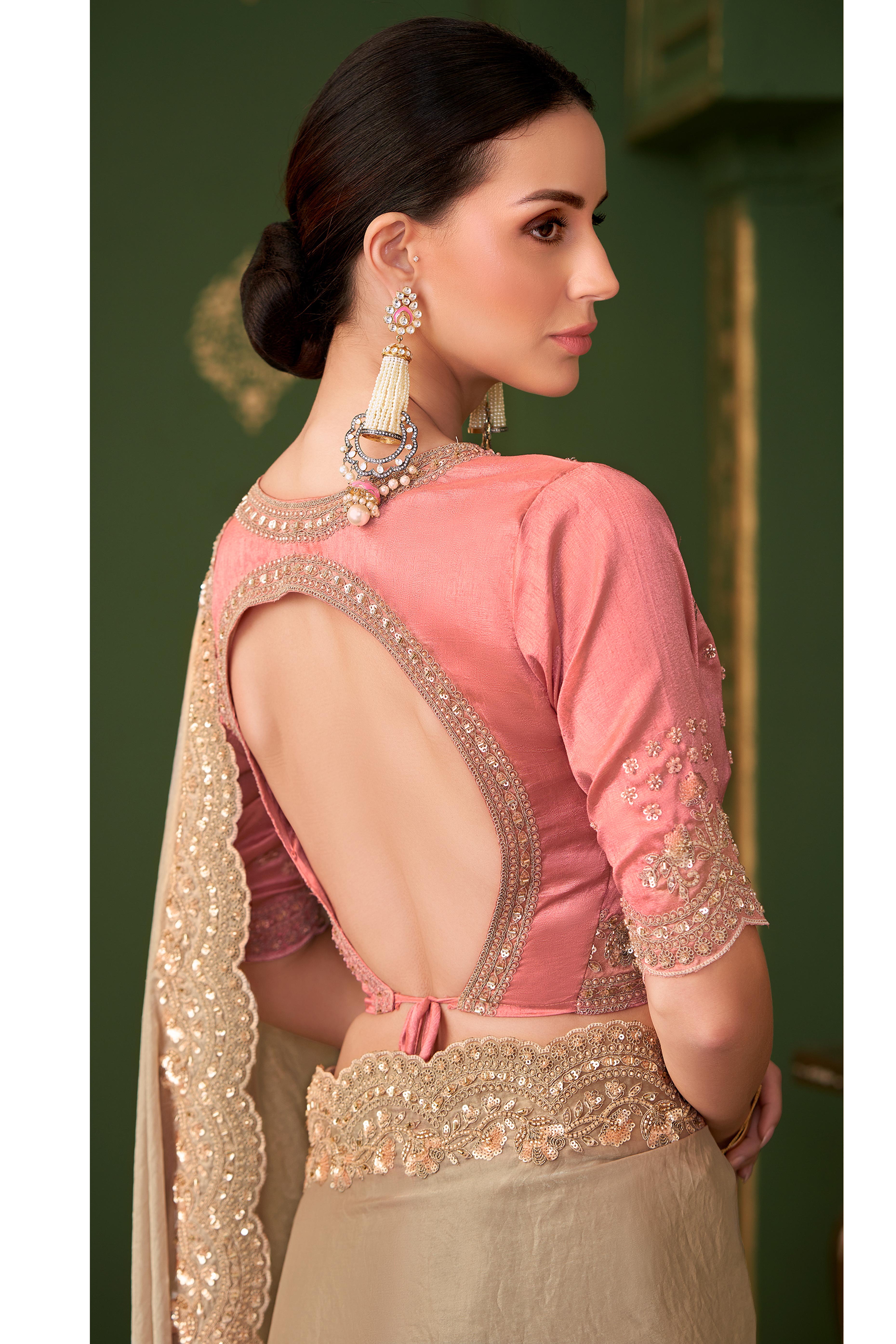 Elegant Chikoo Georgette Saree Adorned With Floral Cording Sequins Embroidery & Cutwork Border