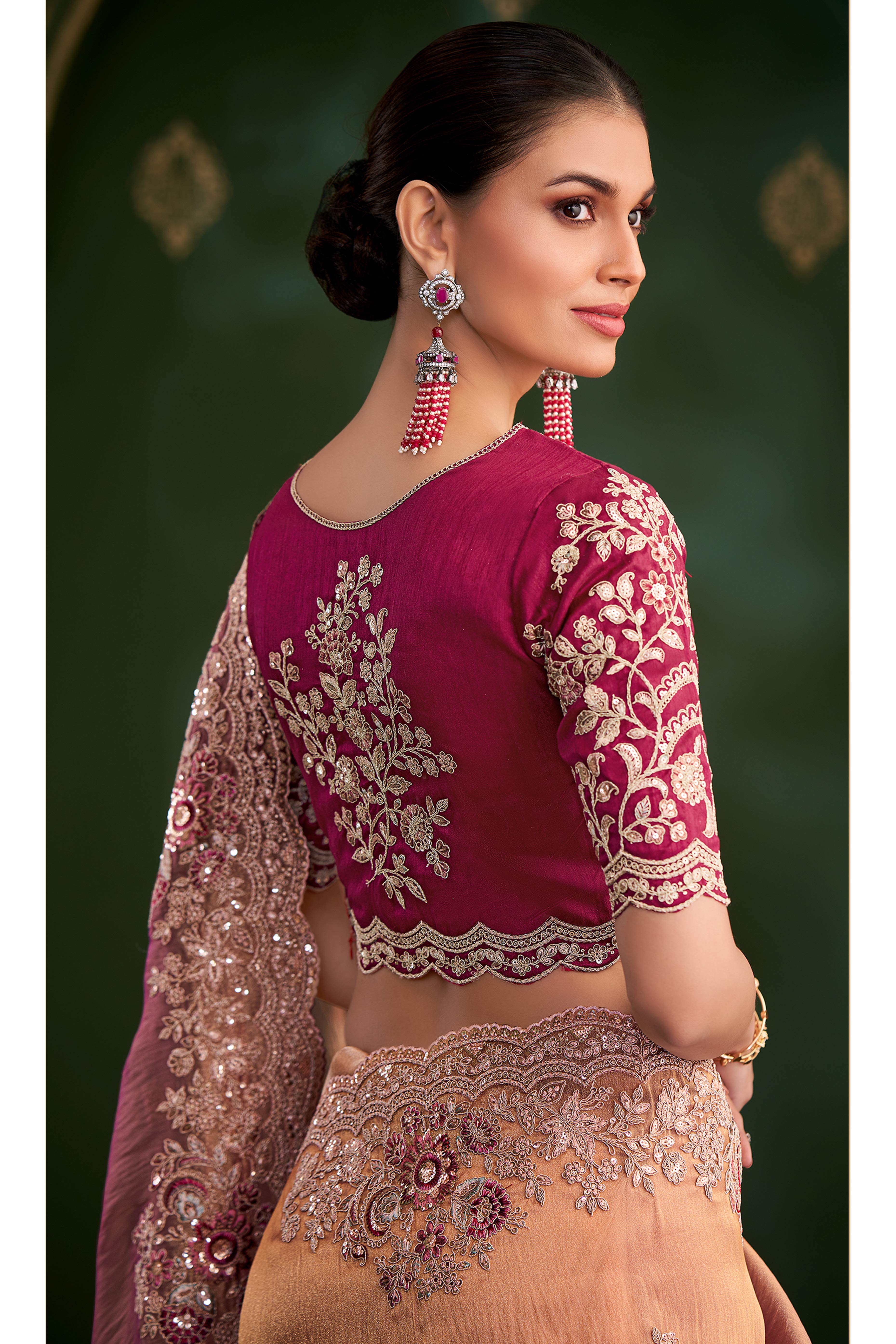 Graceful Peach Georgette Saree Adorned With Floral Cording Sequins Embroidery & Cutwork Border