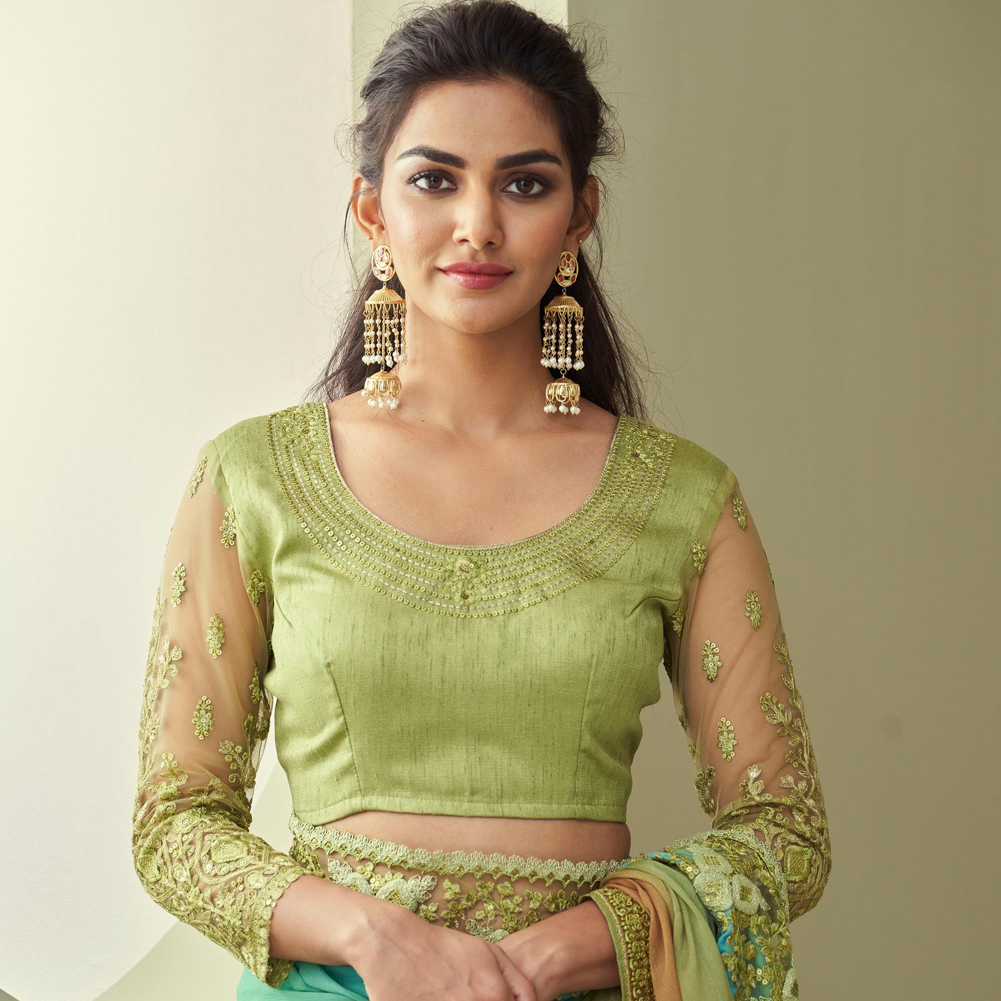 Pista Green Sequins Embroidered Georgette Saree
