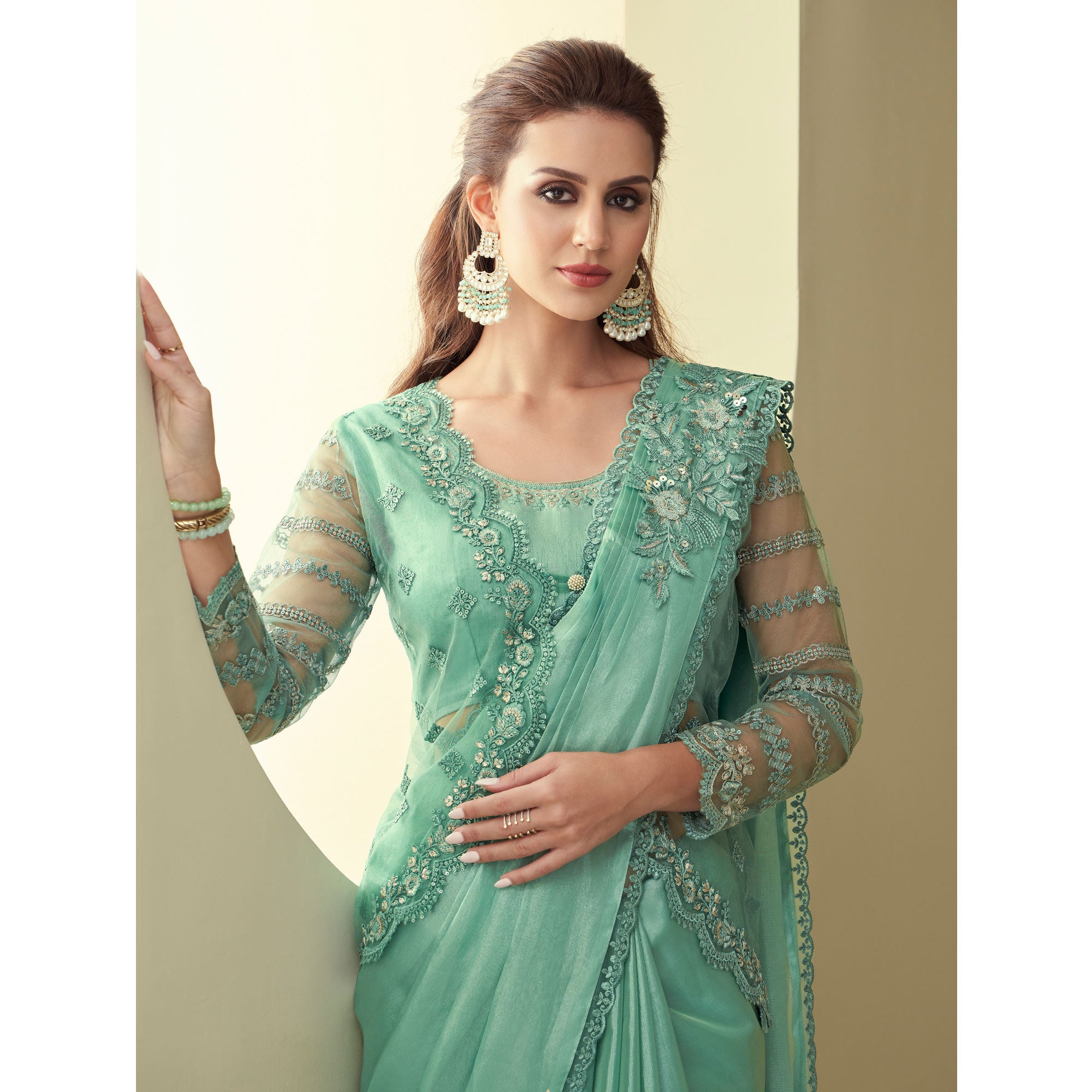 Sea Green Sequins Embroidered Georgette Saree