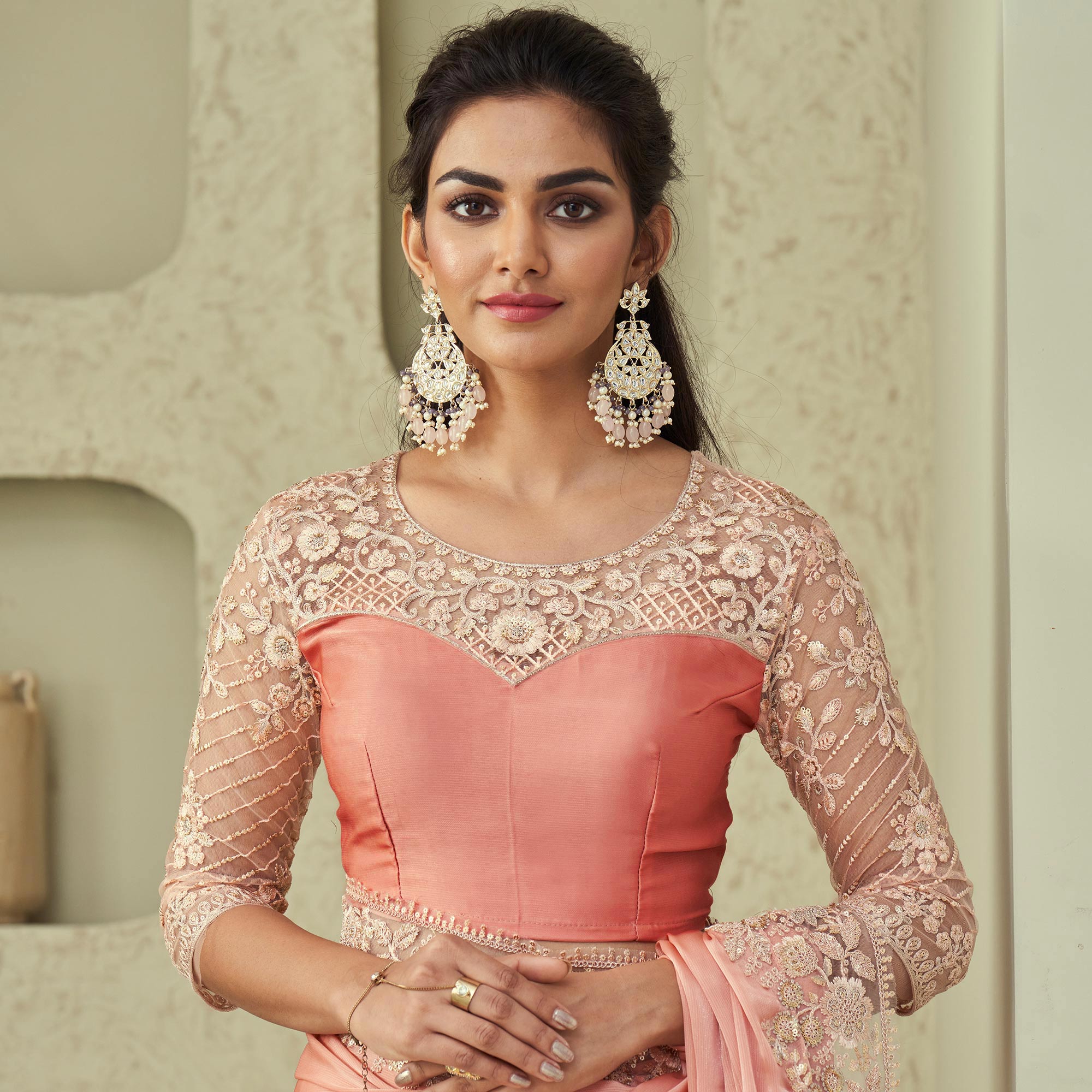Peach Sequins Embroidered Georgette Saree