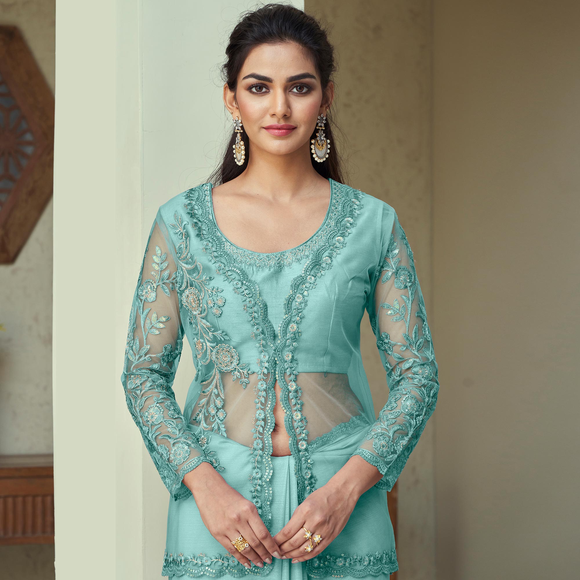 Turquoise Sequins Embroidered Georgette Saree