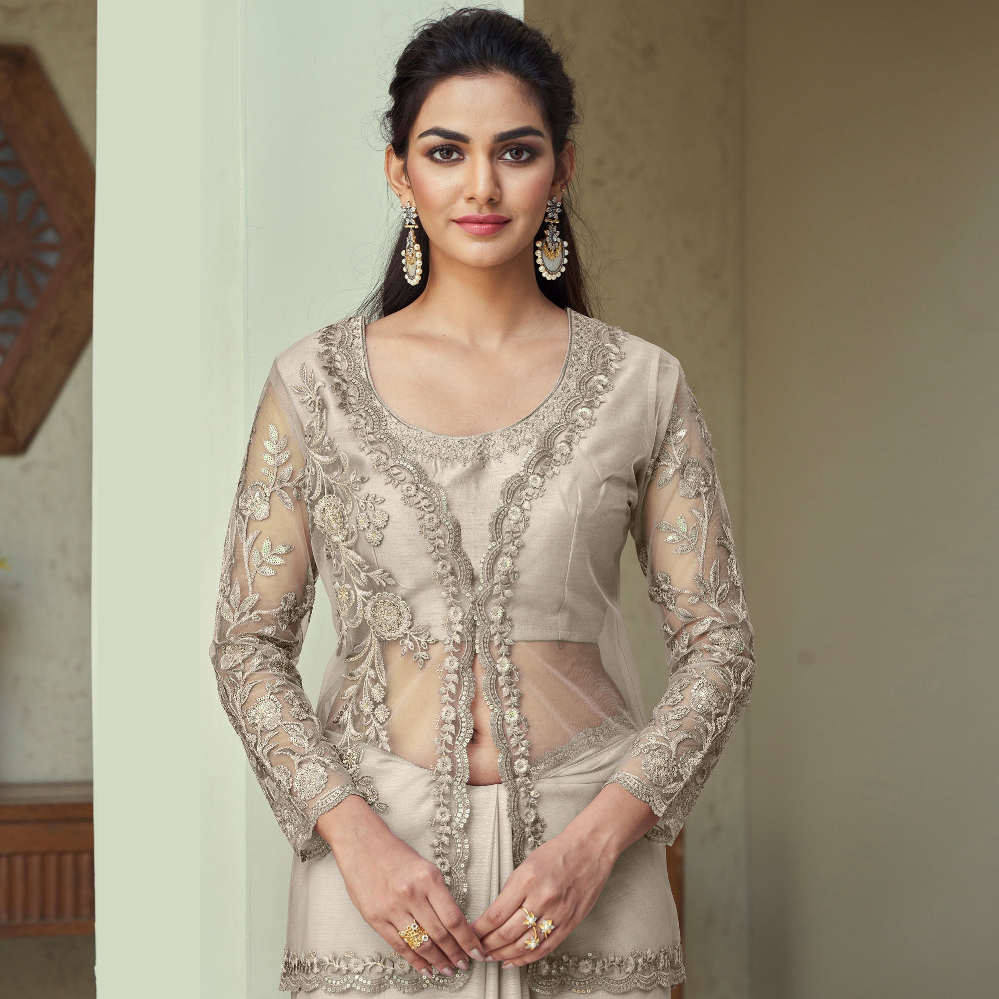 Beige Sequins Embroidered Georgette Saree