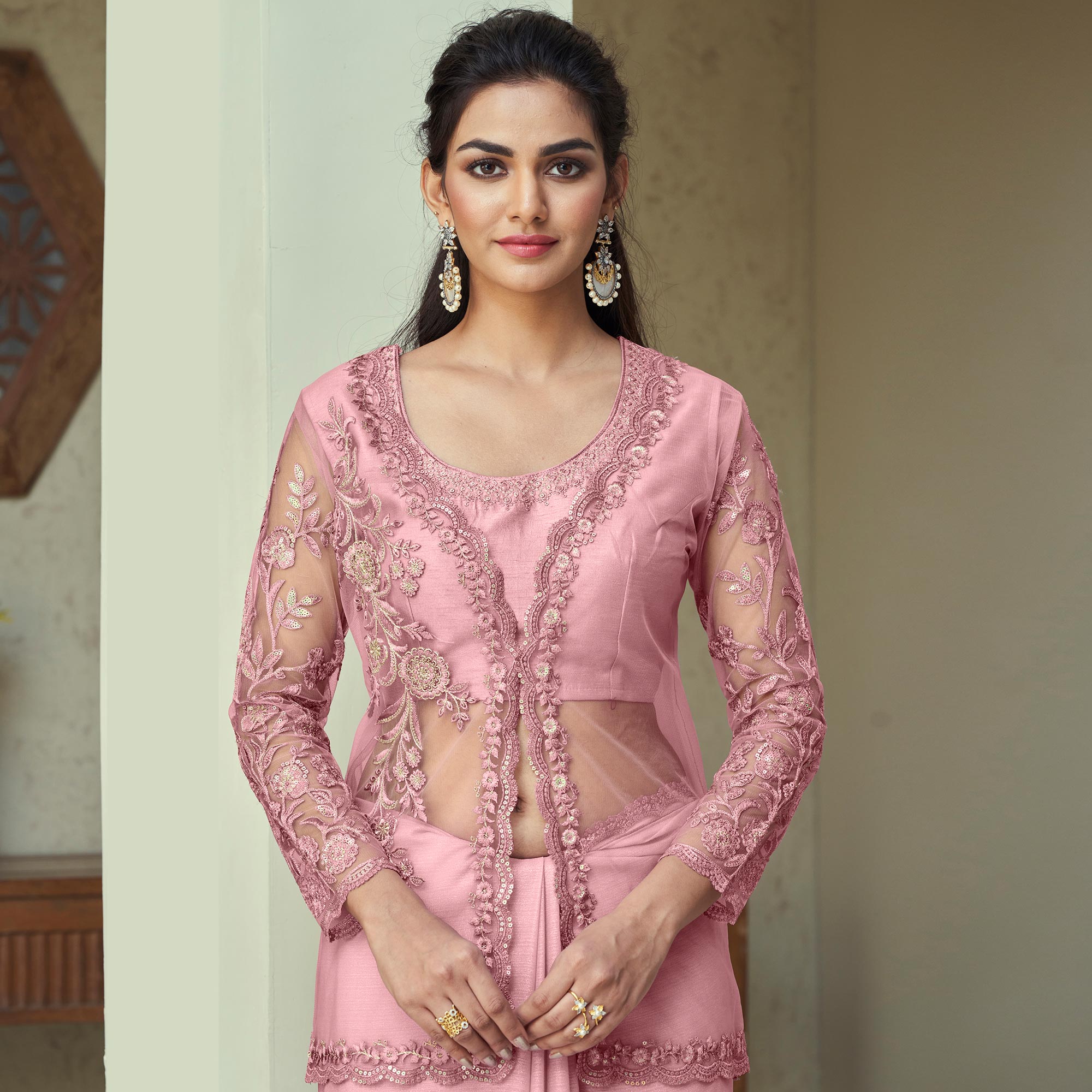 Peach Sequins Embroidered Georgette Saree