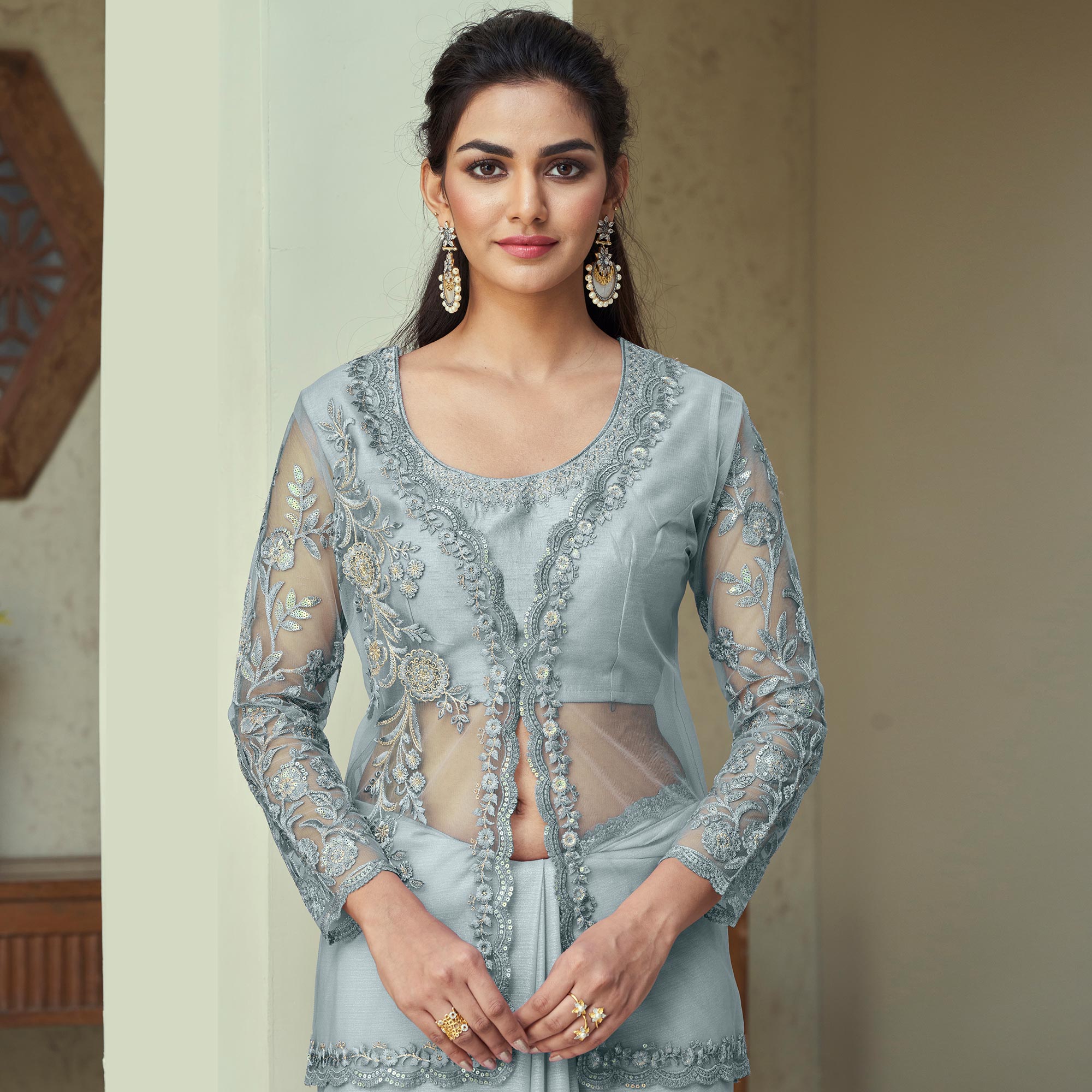 Grey Sequins Embroidered Georgette Saree