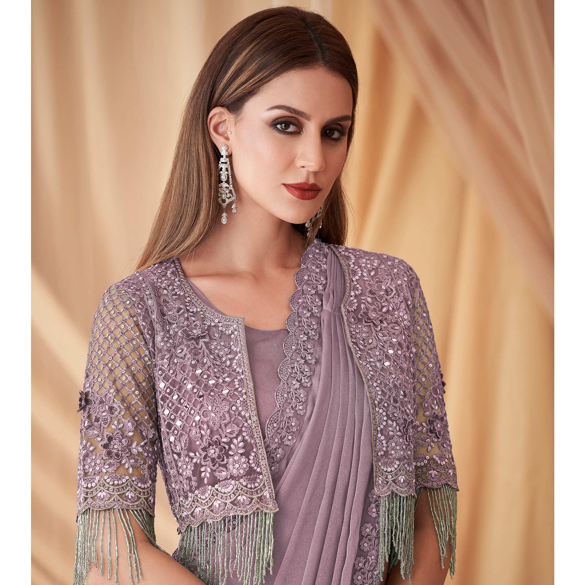 Lavender Embroidered Satin Saree With Jacket