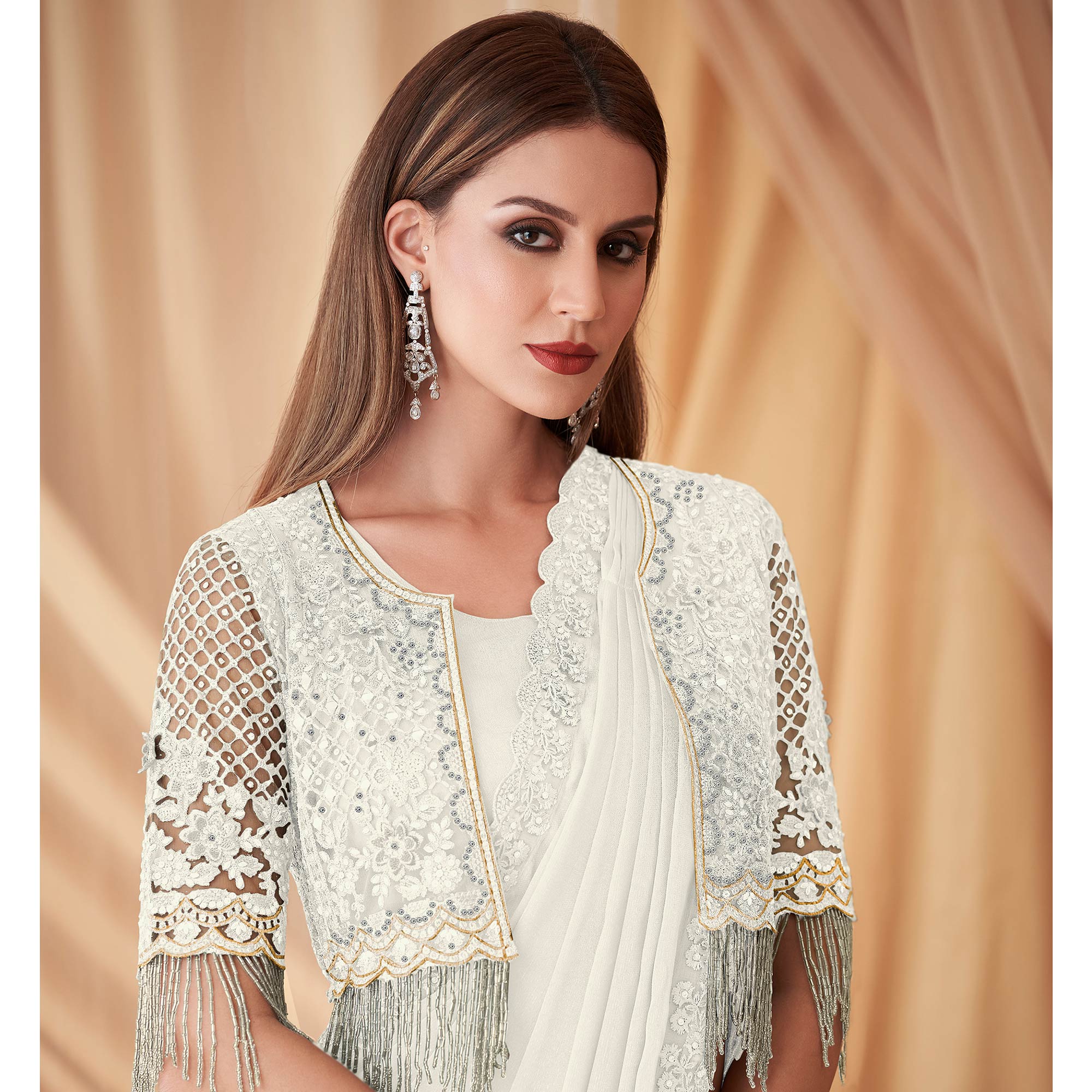 Off White Embroidered Satin Saree With Jacket